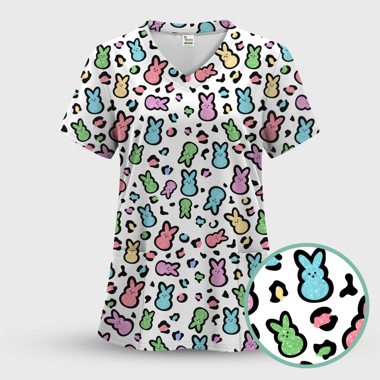 Cute Easter Bunny Pastel Pattern Scrub Set, Scrub Pants and V Neck Top