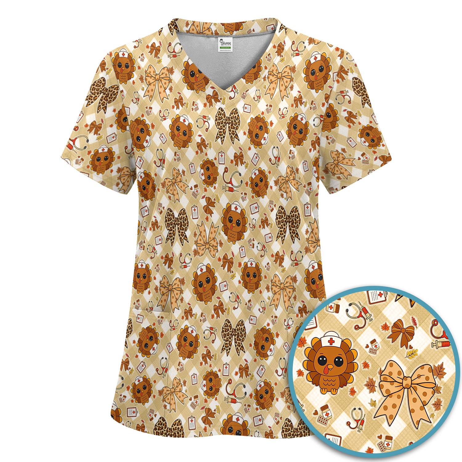 Thanksgiving Turkey Scrub Set for Nurses - Cute Fall Leaves and Bow Scrubs Pants and V Neck Top - Autumn Nursing Gift for Her