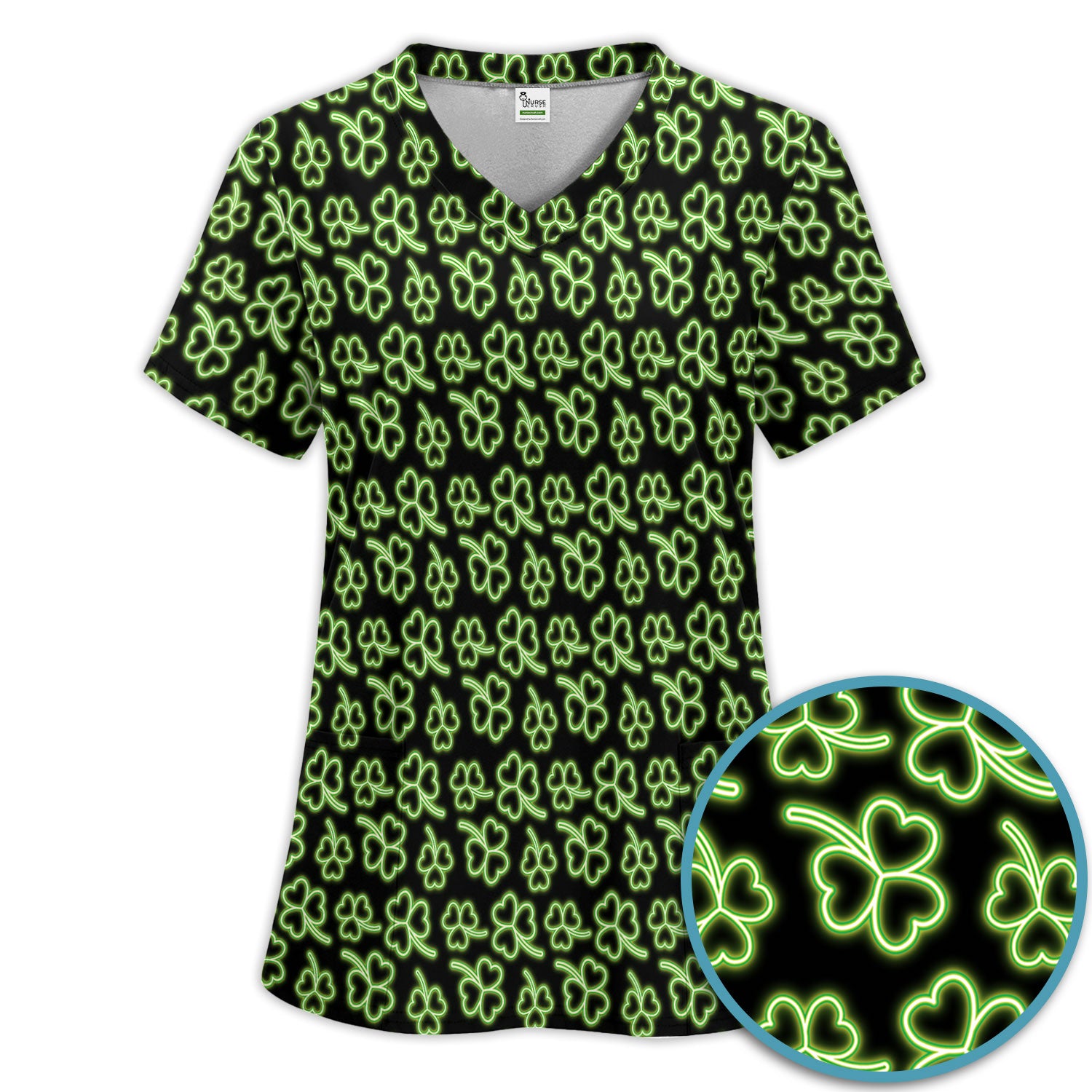 Neon Shamrock Nurse Scrub Set, St. Patrick’s Day Glow Green Pattern Pattern Shirt,  Breathable Fabrics Nursing Uniform