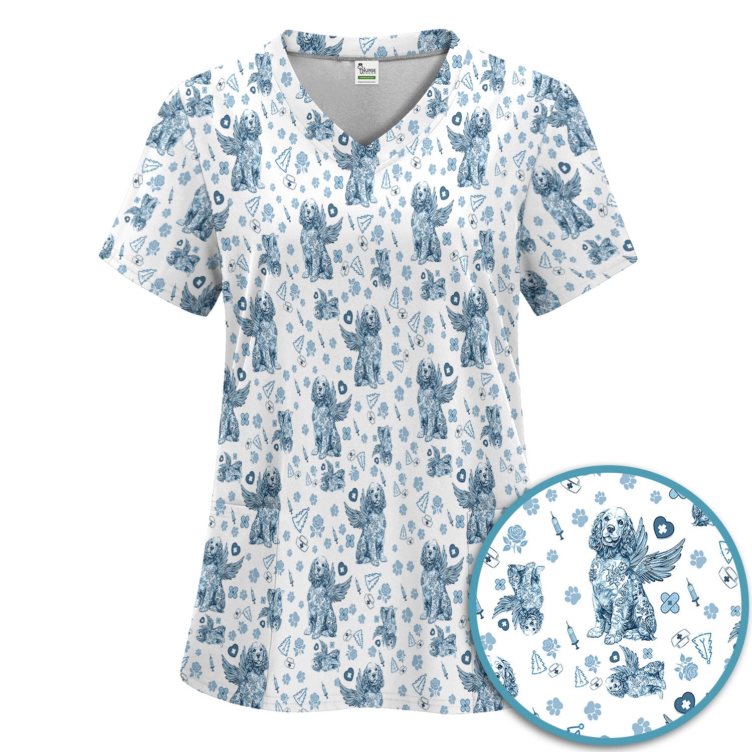 Toile De Jouy Scrub Set for Nurses - Angel Puppy Medical Uniform - Floral Dog in Heaven Gift for Women, Vet Techs, RN CNA LPN