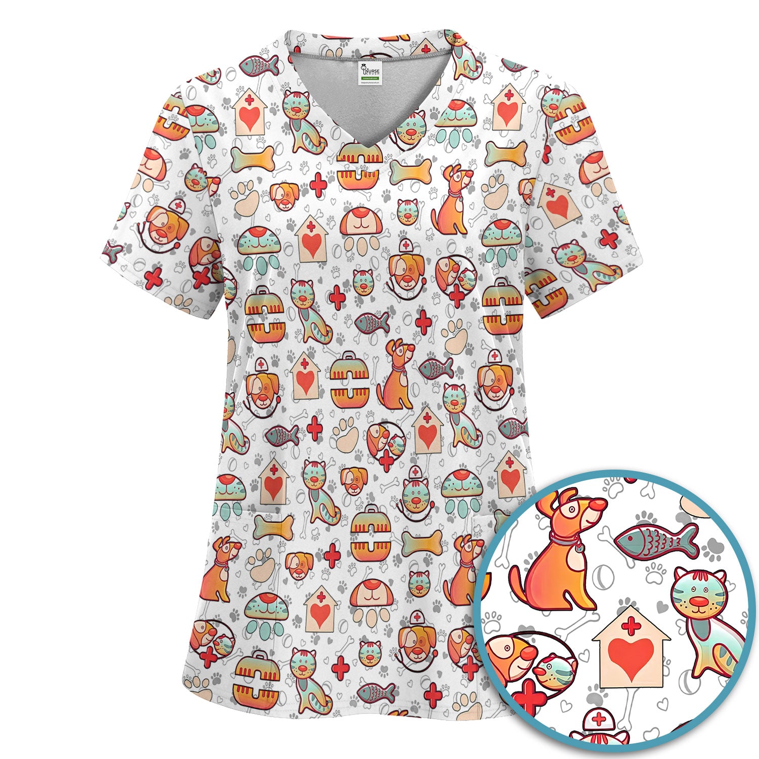 Veterinary Nurse Scrub Set - Cute Cat Dog Paw Scrubs Pants and V Neck Top - Funny Animal Vet Tech Uniform for Women