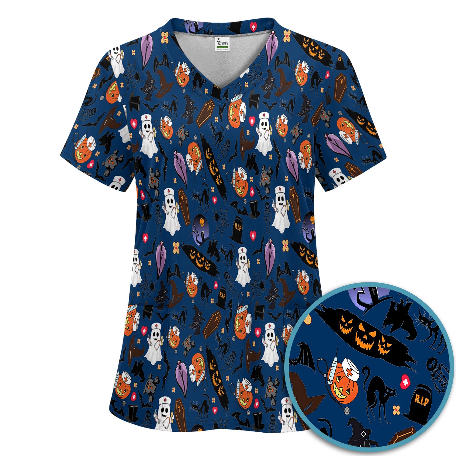 Spooky Halloween Scrub Set - Pumpkin Ghost Bat Nurse Scrubs Pants and V Neck Top - Wicked Witch Medical Uniform for RN CNA LPN
