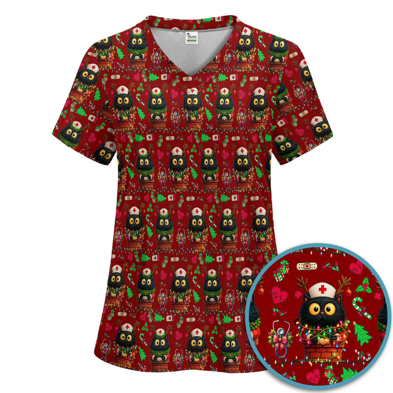Christmas Black Cat Scrub Set for Nurse - Cute Reindeer Cat with Xmas Lights Pants and V Neck Top - Festive Holiday Medical Uniform