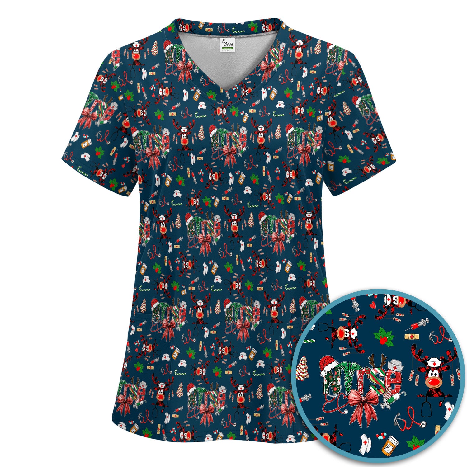 Whimsical Reindeer Christmas Scrub Set – Festive Holiday Reindeer Pattern – Cute Medical Uniform for Nurses, Vets and Healthcare Workers