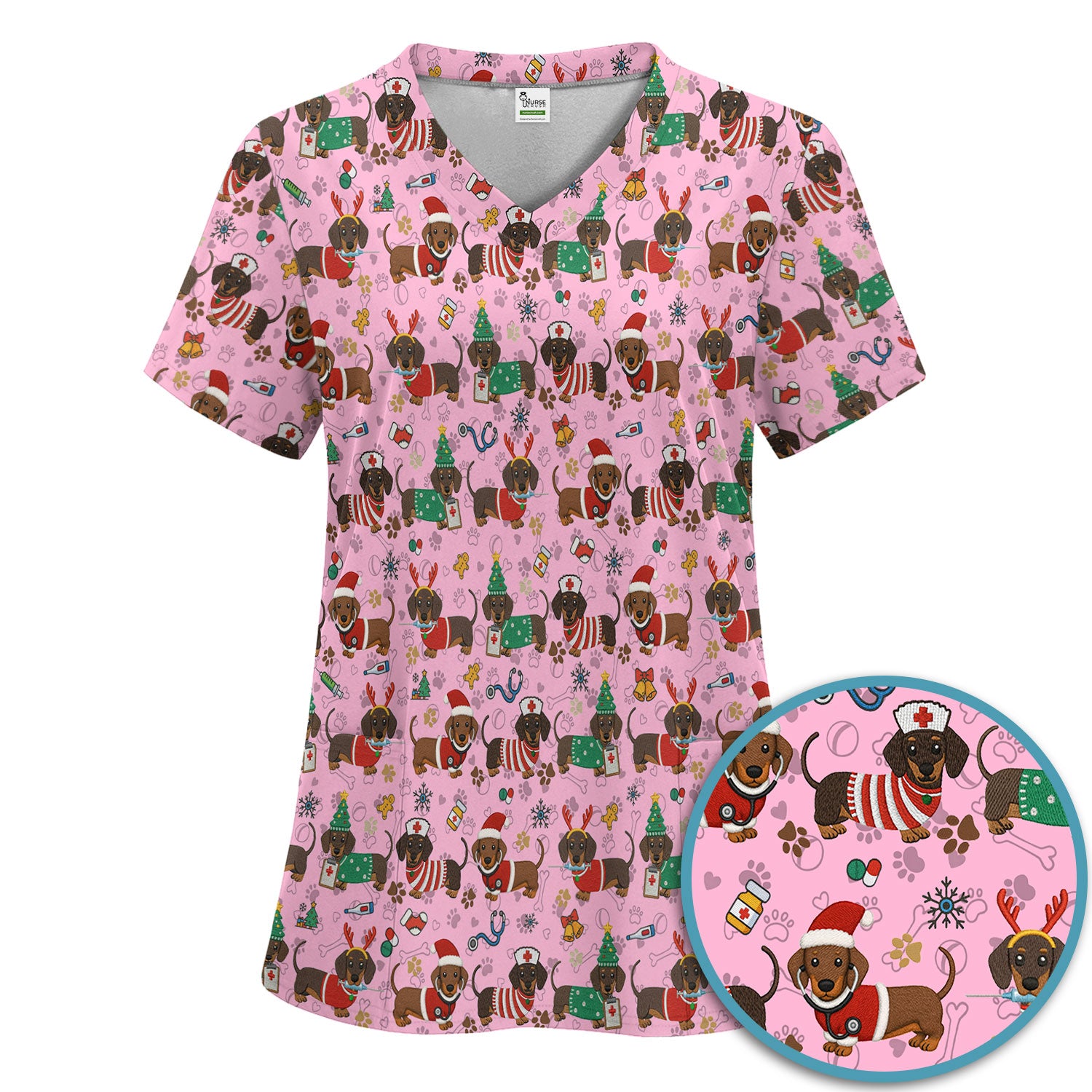 Christmas Dachshund Scrub Set for Nurses - Cute Wiener Dog Scrubs Pants and V Neck Top - Cute Puppy Med Uniform Gift for Women