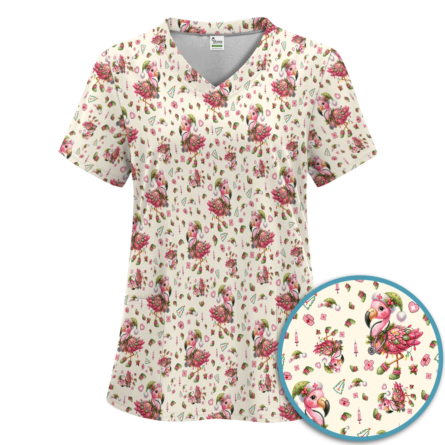 Pink Flamingo Christmas Scrub Set - Cute Flamingo Scrubs Pants and V Neck Top - Fun Christmas Medical Uniform
