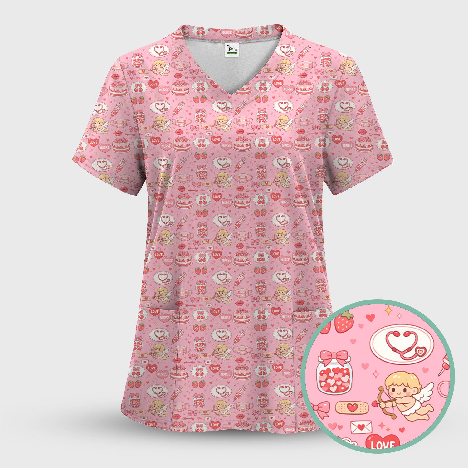 Cupid Nurse Scrub Top, Cute Love Medical Pattern Shirt For Valentine, Breathable Fabrics Nursing Uniform