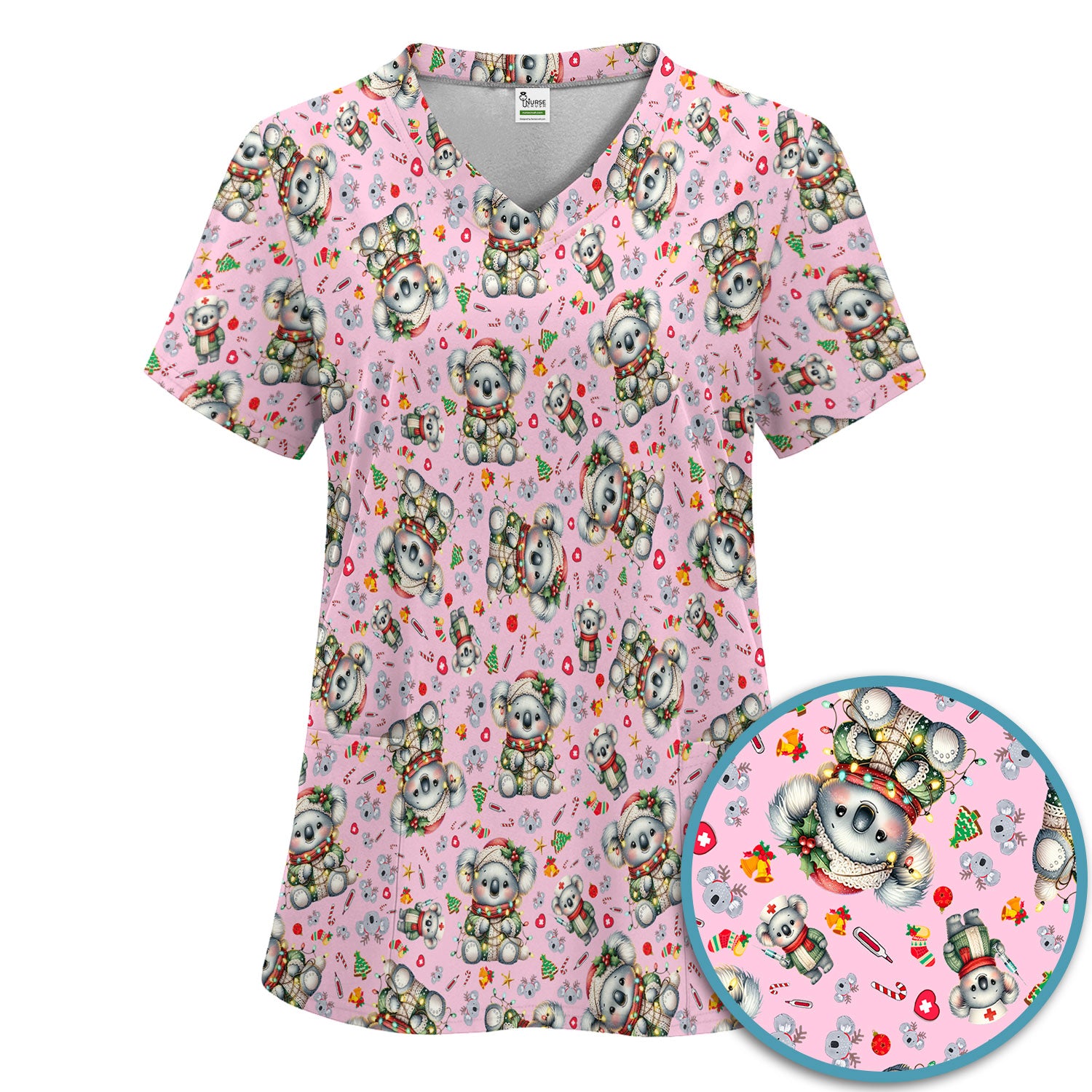 Aussie Koala Nurse Scrub Set - Cute Christmas Medical Uniform - Funny Holiday Animal Scrubs Pants and V Neck Top for Women