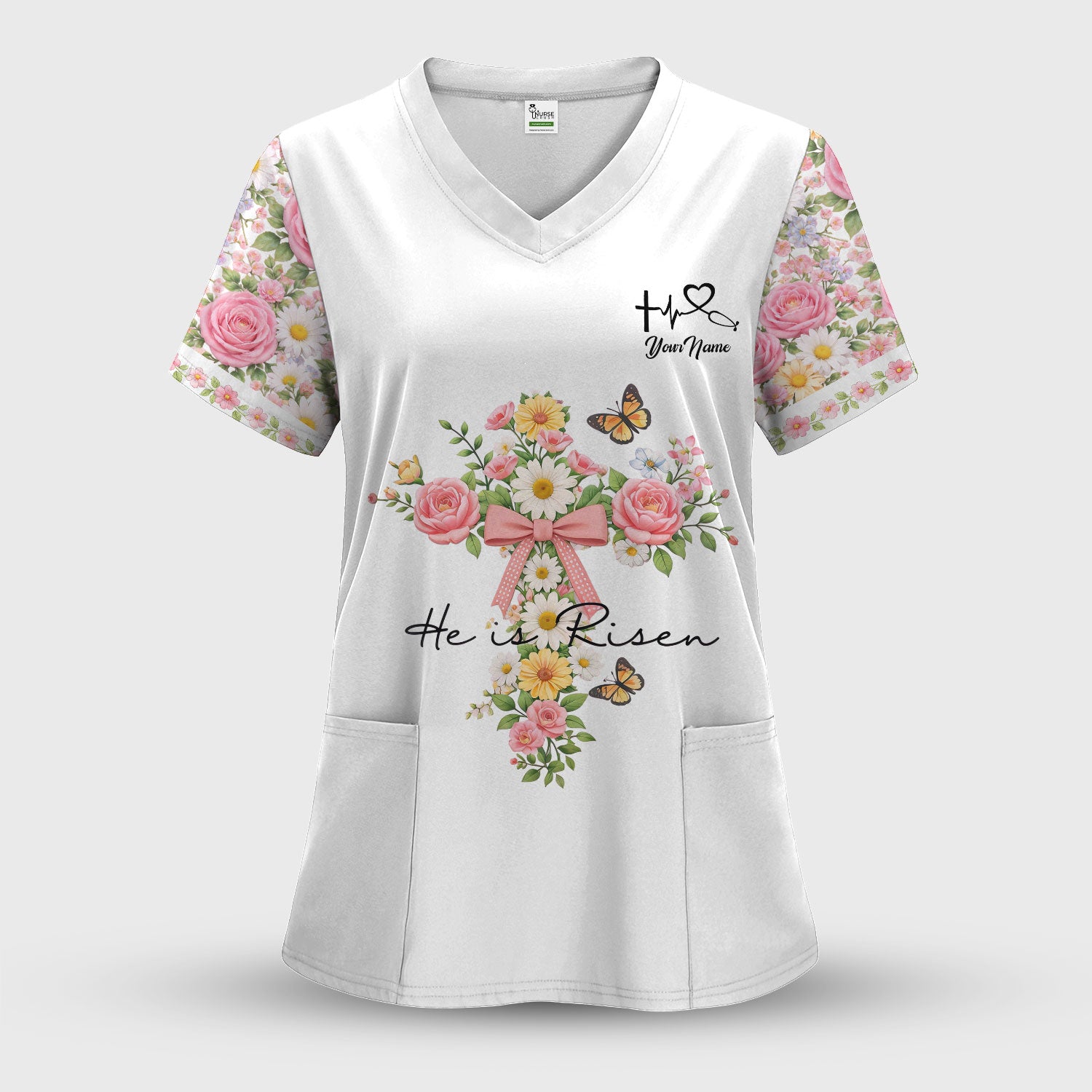 Personalized Meaningful Easter Nurse He Is Risen Floral Cross Bow Pattern Scrub Top, Comfortable Scrubs for Nurses