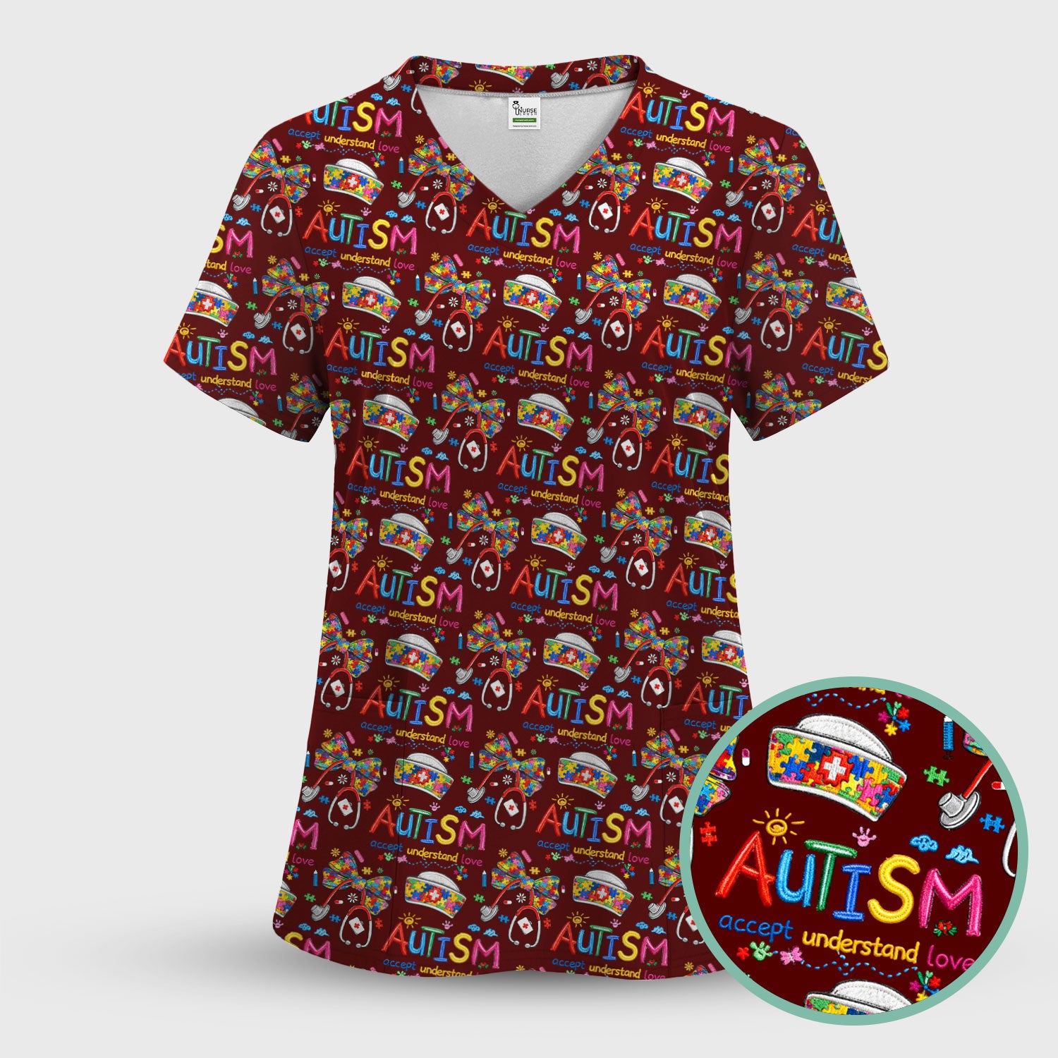 Autism Awareness Pattern Nurse Scrub Top, Accept Understand Love Puzzle Nurses Shirt, Breathable Fabrics Nursing Uniform