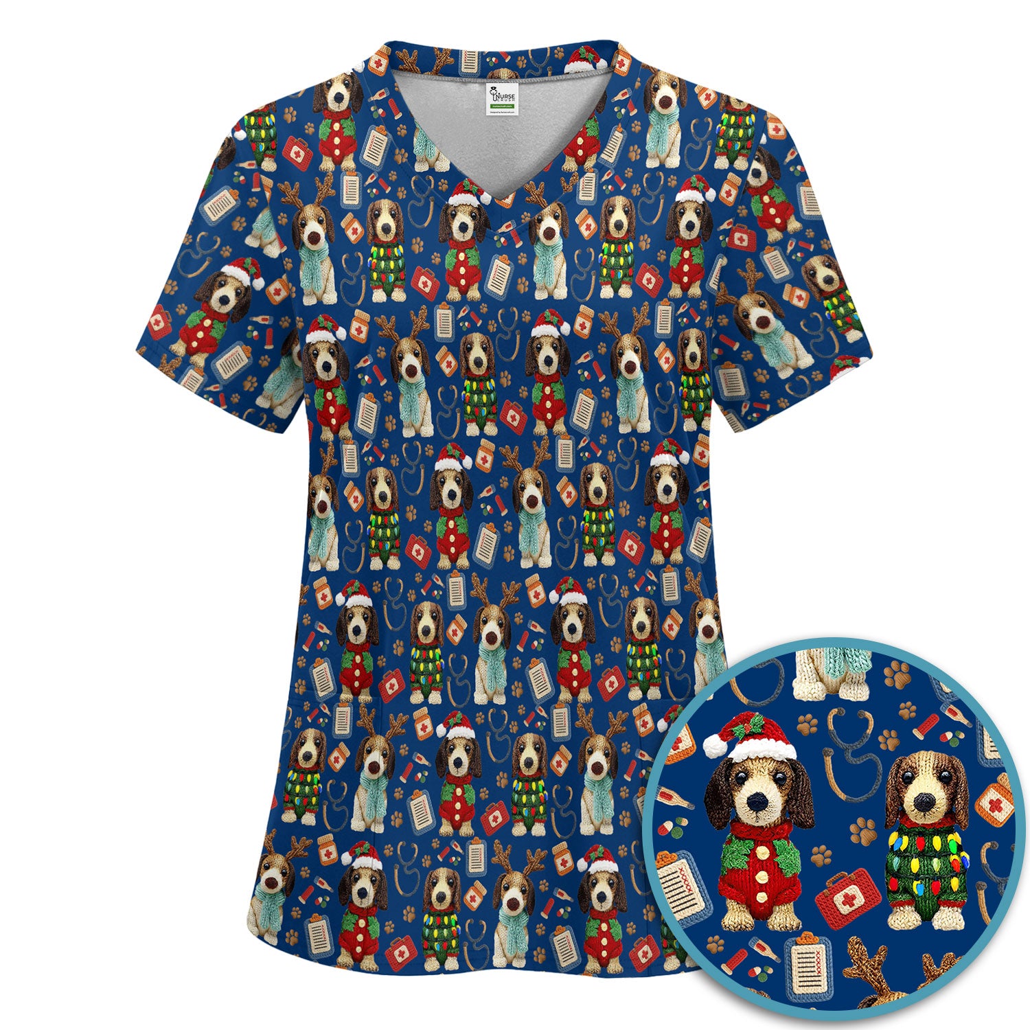 Christmas Wiener Dog Scrubs Set for Women - Cute Dachshund Christmas Scrub Pants and V Neck Top - Puppy Lover Medical Uniform Gift