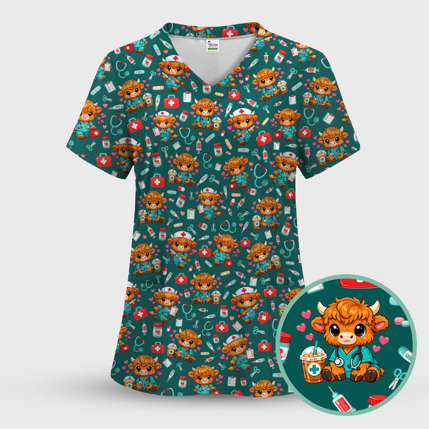 Cute Highland Cow Nurse Scrub Top, Kawaii Medical Pattern Shirt, Breathable Fabrics Nursing Uniform