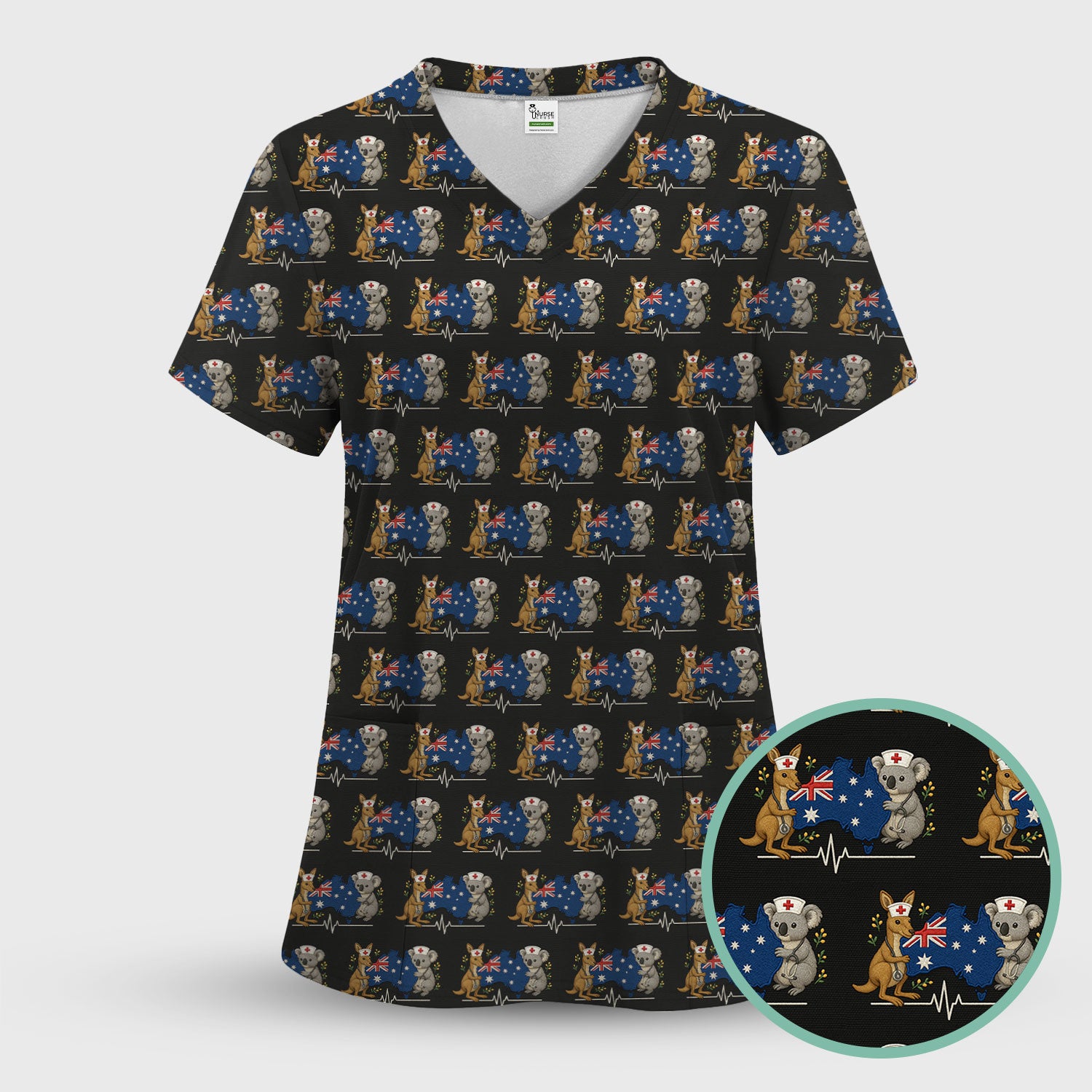 Australian Nurse Scrub Top, Cute Koala Kangaroo Heartbeat Pattern Shirt,  Breathable Fabrics Nursing Uniform