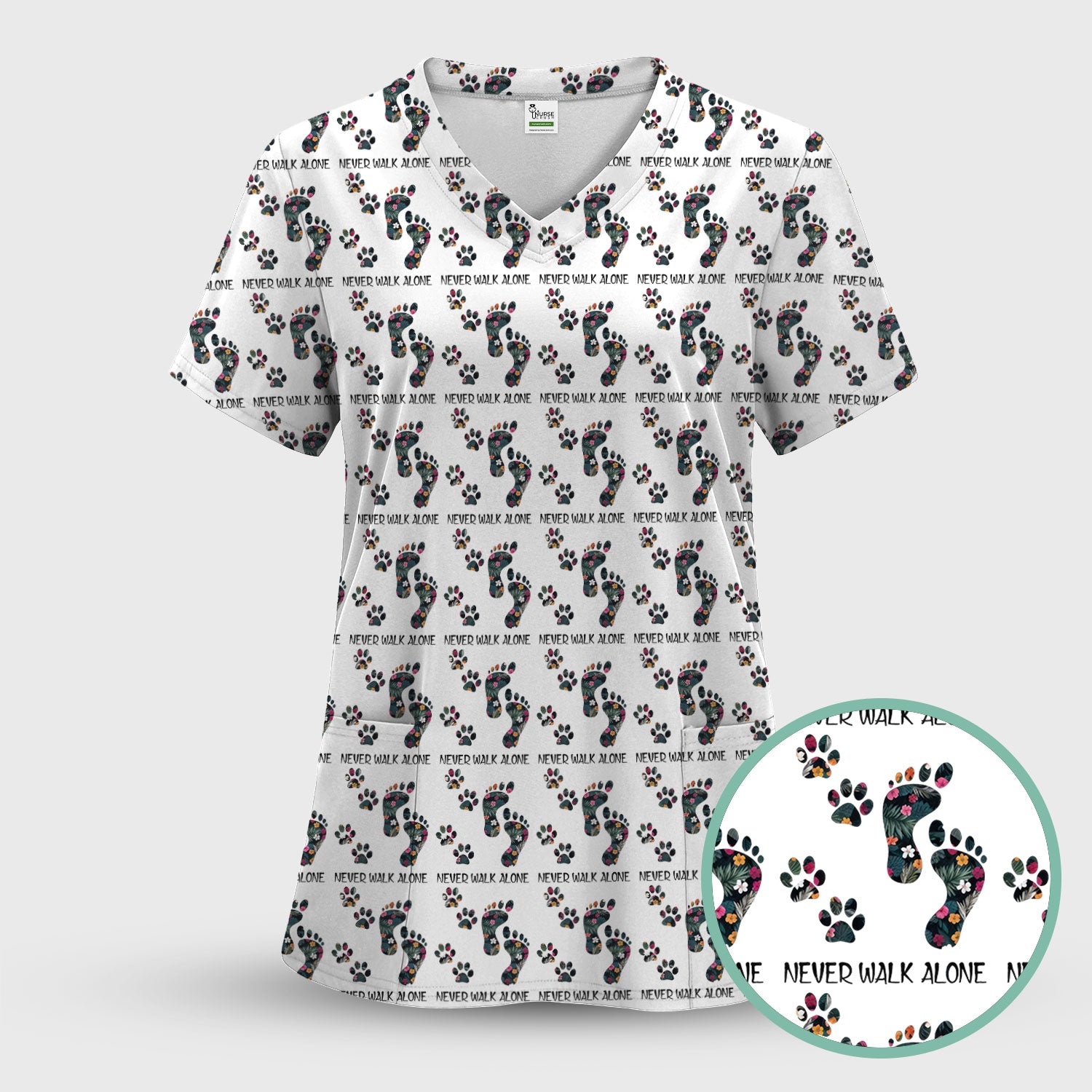 Never Walk Alone Scrub Top, Floral Paw Print Medical Scrub Shirt for Nurses, Vet Techs And Healthcare Workers