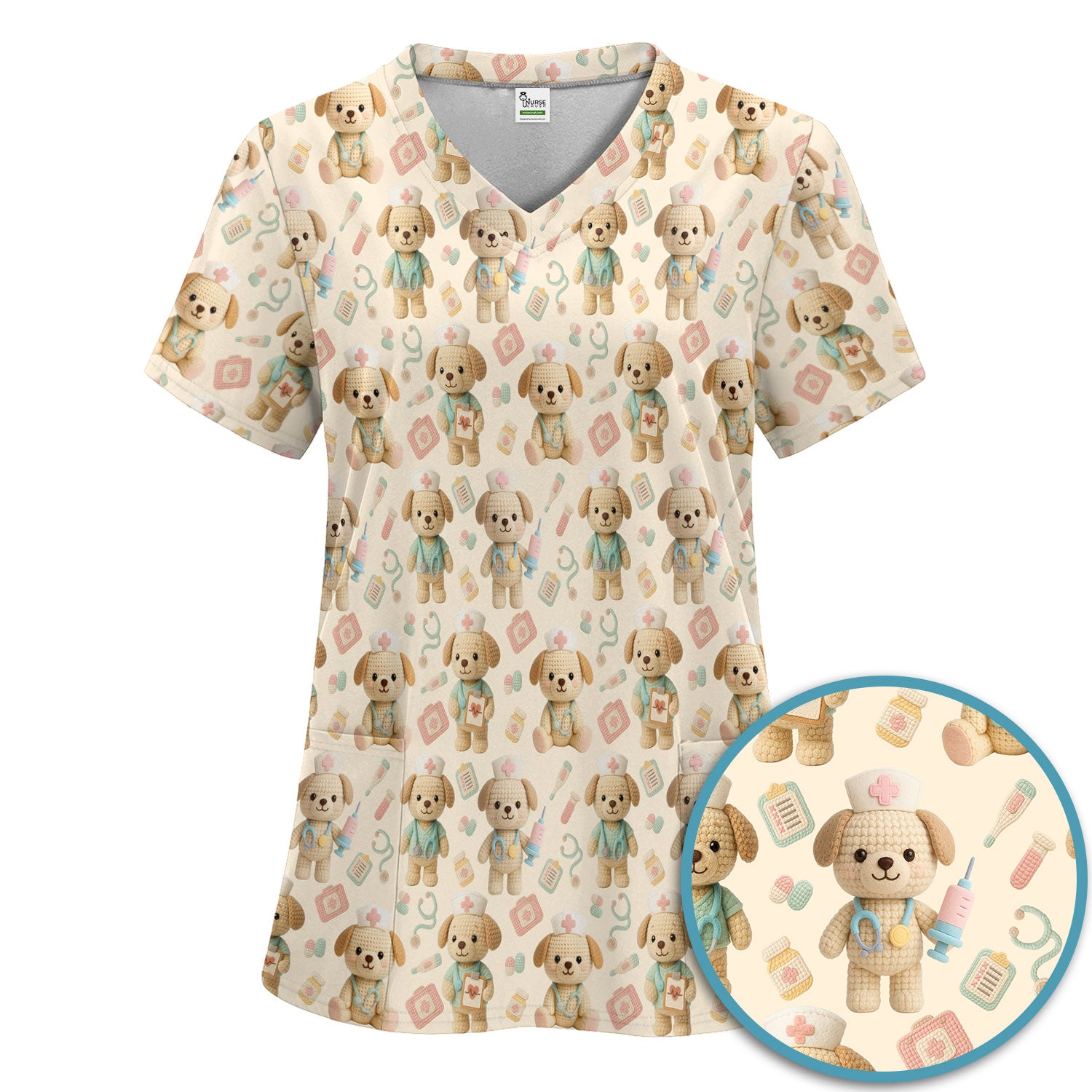 Cute Labrador Scrub Set for Nurse - Pastel Crochet Dog Scrubs Pants and V Neck Top - Adorable Puppy Med Uniform Gift for Women