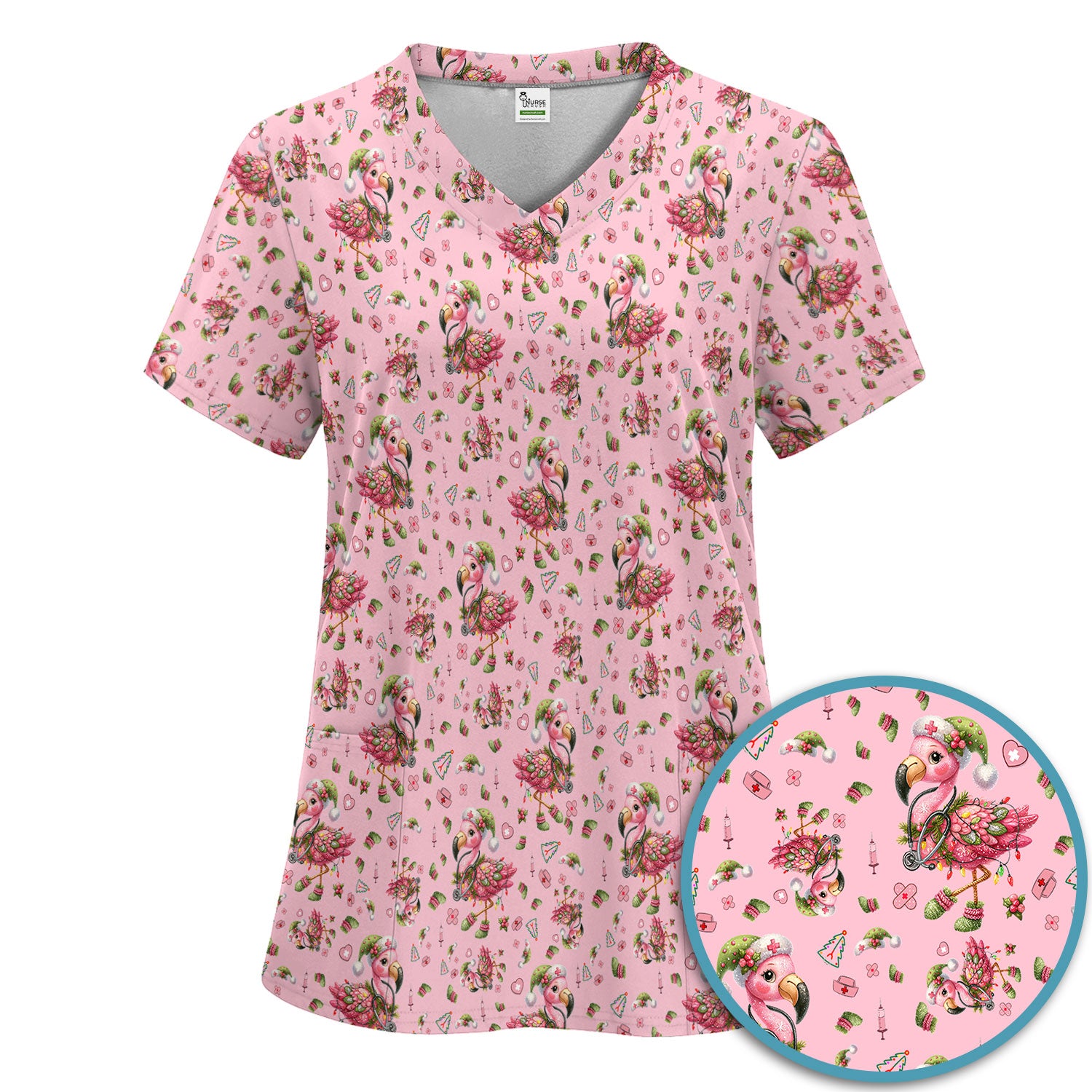 Pink Flamingo Christmas Scrub Set - Cute Flamingo Scrubs Pants and V Neck Top - Fun Christmas Medical Uniform
