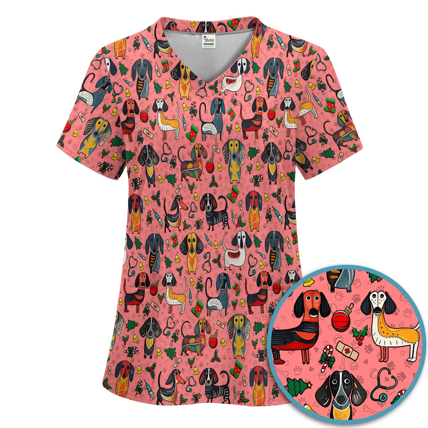 Dachshund Christmas Scrub Set - Cute Wiener Dog Pants and V Neck Top - Holiday Medical Uniform