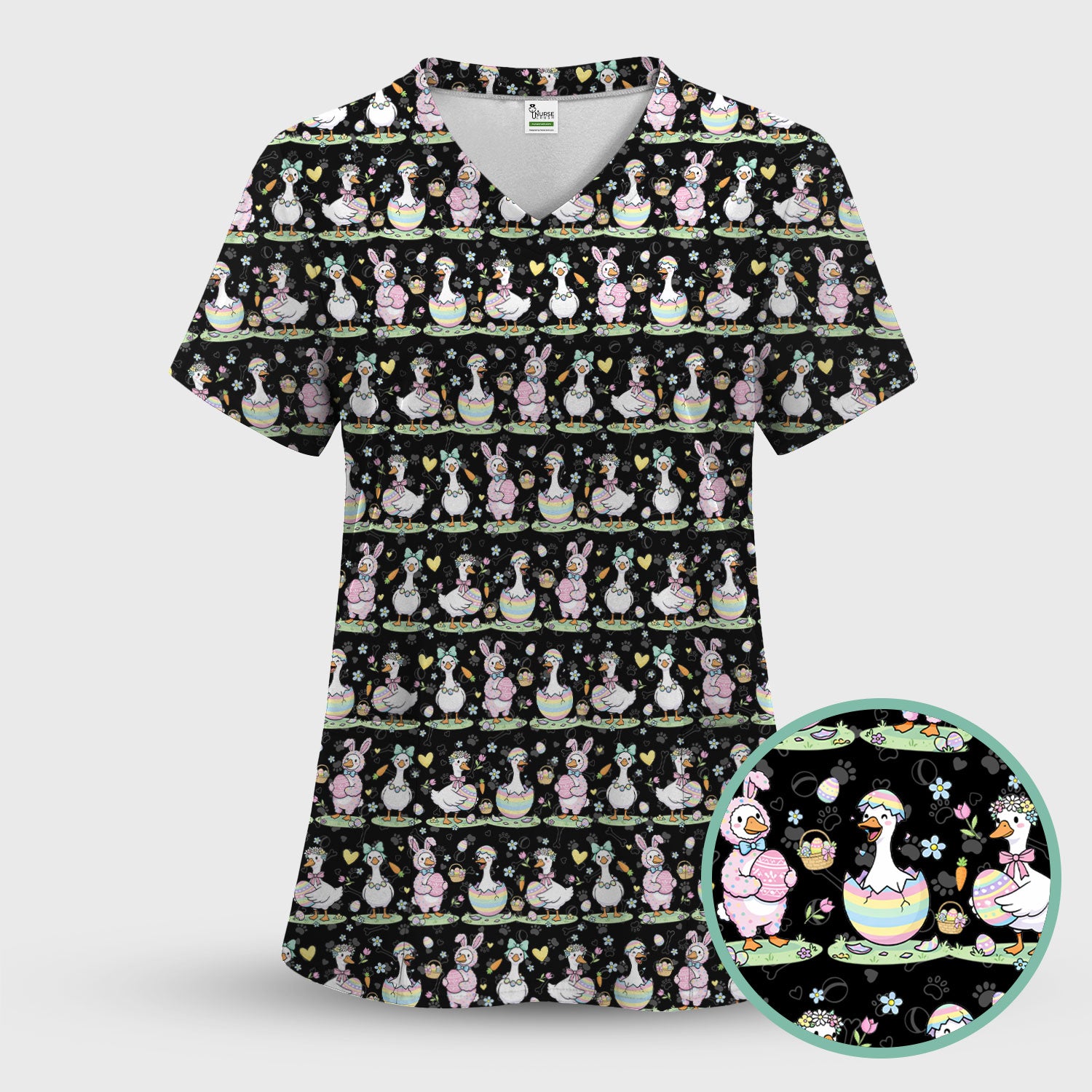 Pastel Easter Goose Bunny Egg Pattern Scrub Top, Comfortable Scrubs for Nurses