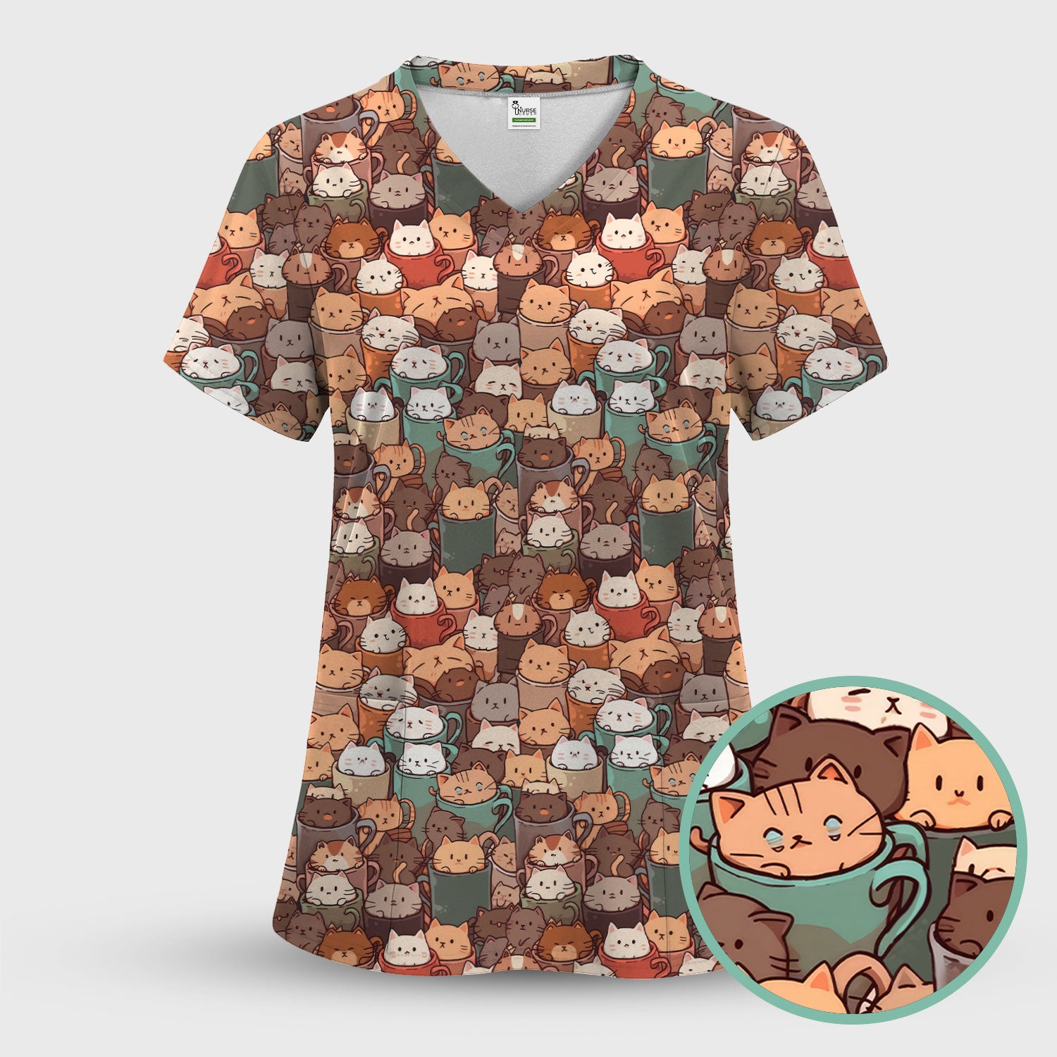 Cute Coffee Cat Scrub Top, Cozy Kittens in Mug Pattern Nurse Shirt, Breathable Fabrics Nursing Uniform