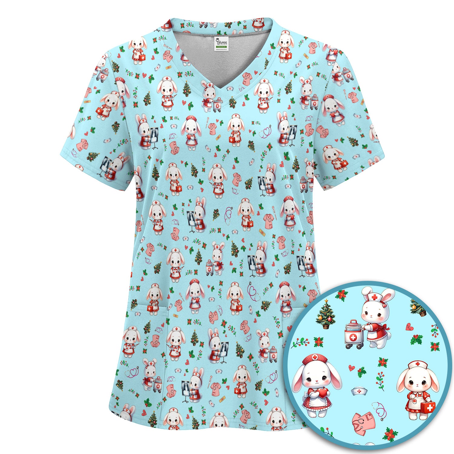Cute Bunny Scrub Set for Nurse - Adorable Christmas Rabbit Pants and V Neck Top - Funny Holiday Medical Shirt Gift