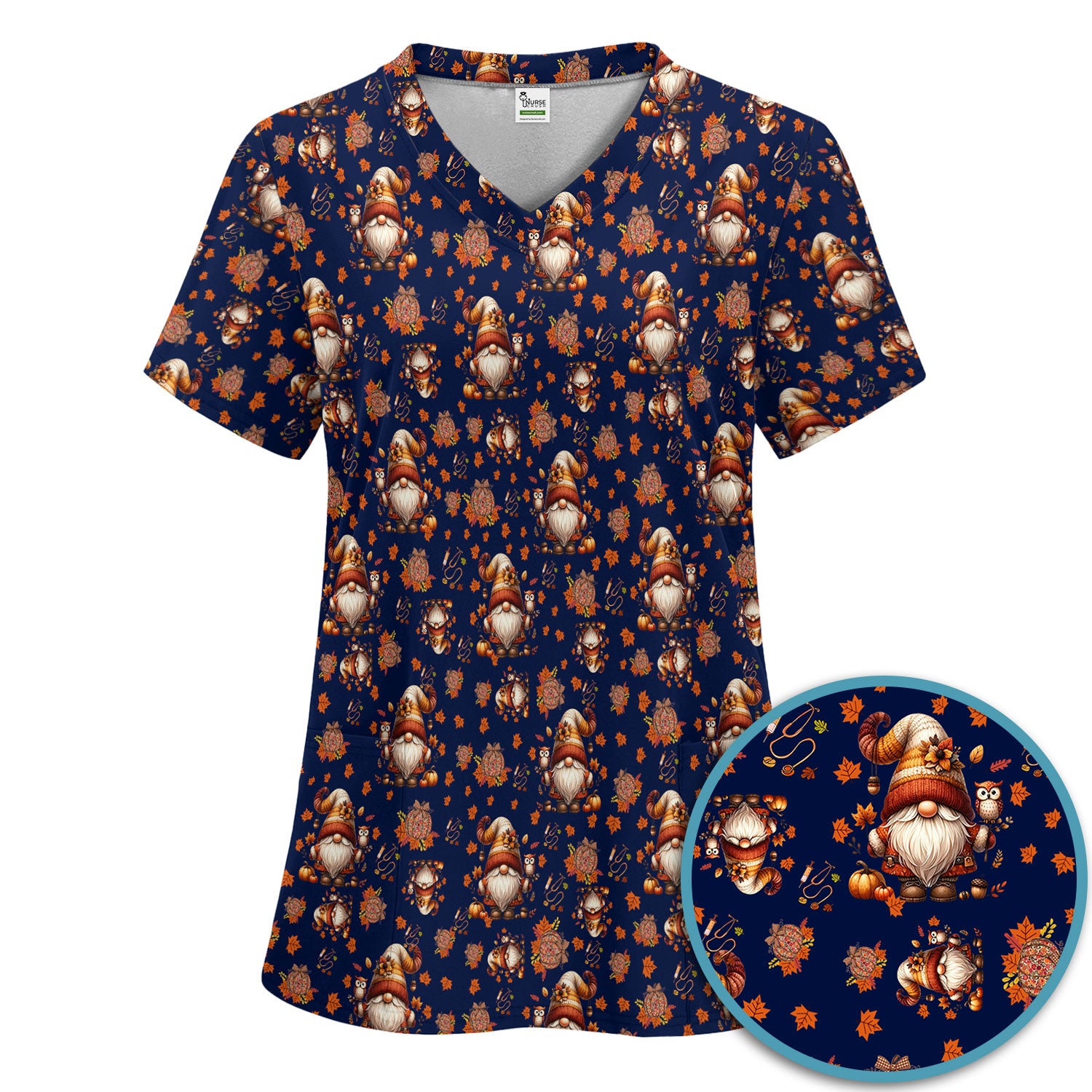 Autumn Leaves Pumpkin Scrubs Set for Women - Gnome Scrubs for Nurse Mama - Breathable Fabrics Nursing Uniform