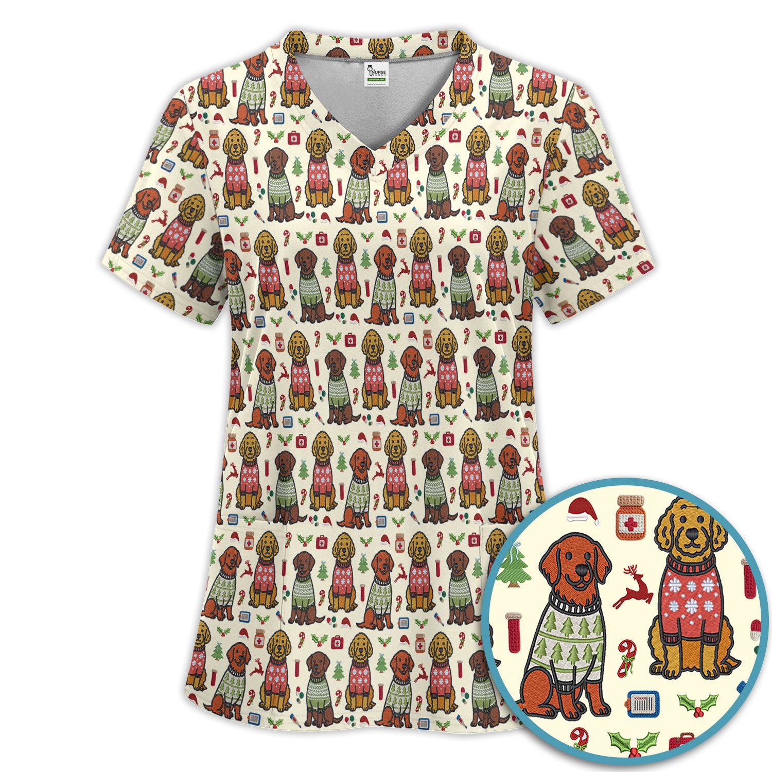 Golden Retriever Christmas Scrub Set, Cute Holiday Dog Nurse Pattern Shirt, Breathable Fabrics Nursing Uniform