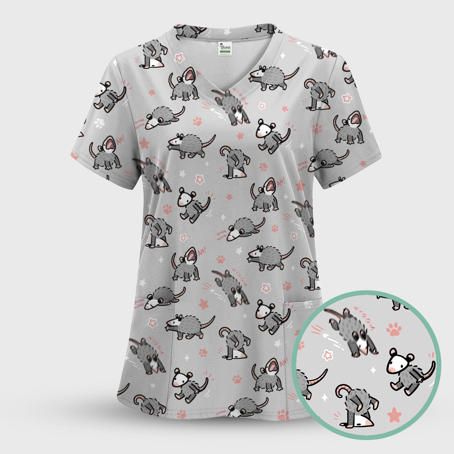 Playful Cartoon Opossum Character Pattern Scrub Top, Breathable Fabrics Nursing Uniform