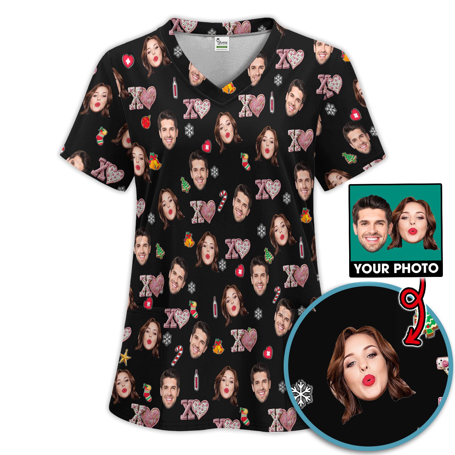 Custom Face Pattern XOXO Scrub Shirt, Personalized Photo Scrub Set, Breathable Fabrics Nursing Uniform