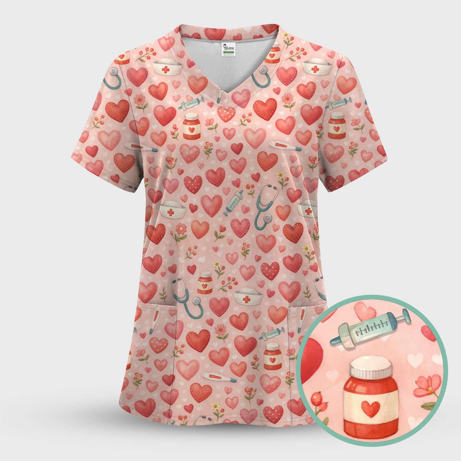 Cute Medical Heart Pattern Scrub Set, Valentine Nurse Scrub Shirt, Breathable Fabrics Nursing Uniform