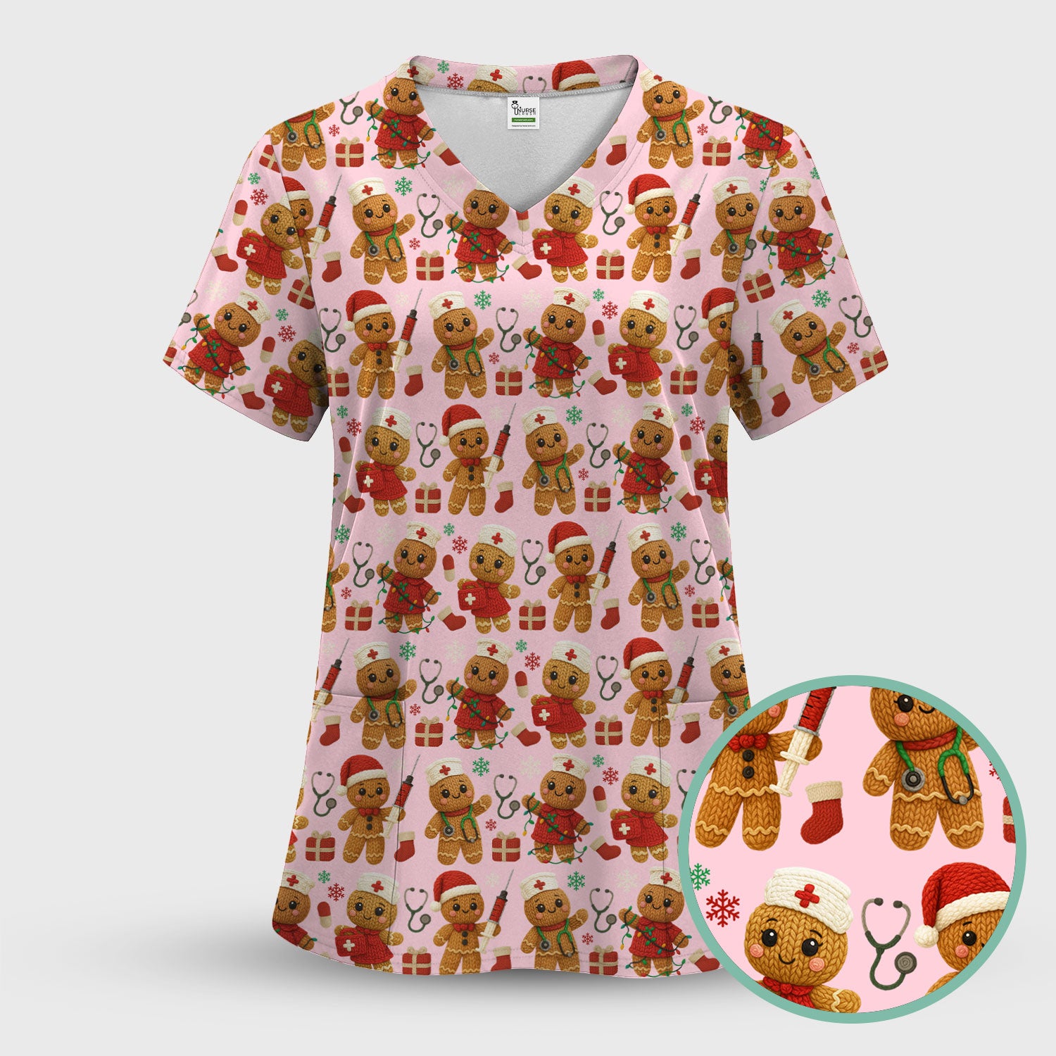 Gingerbread Nurse Christmas Scrub Top - Cute Holiday Pattern Medical Scrub Shirt for Women - Festive Christmas Scrubs with Fun Design