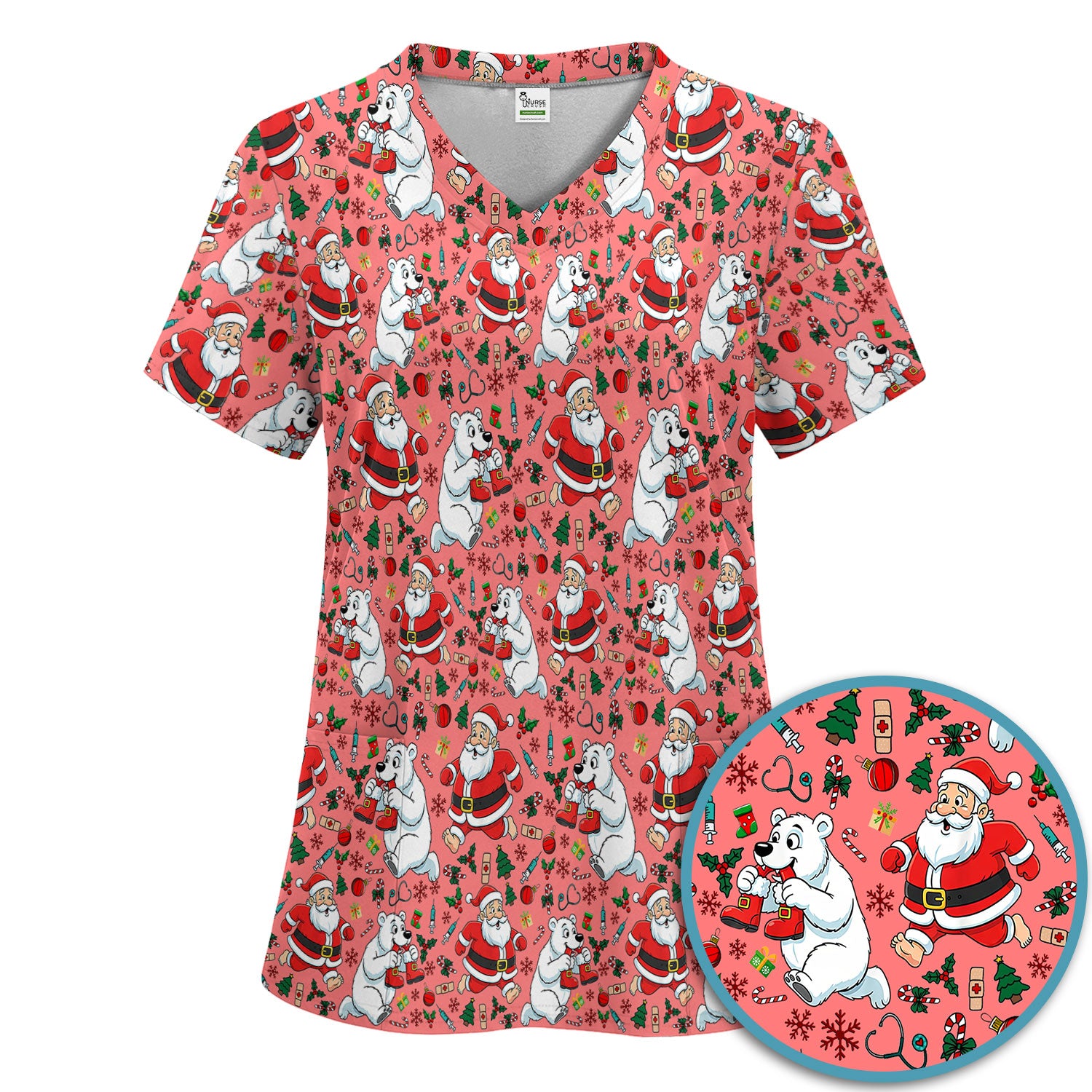 Christmas Santa & Polar Bear Scrub Set - Funny Holiday Nursing Pants and V Neck Top - Cute Winter Medical Uniform