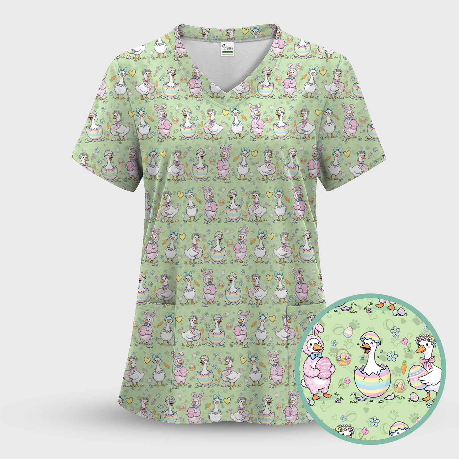 Pastel Easter Goose Bunny Egg Pattern Scrub Top, Comfortable Scrubs for Nurses