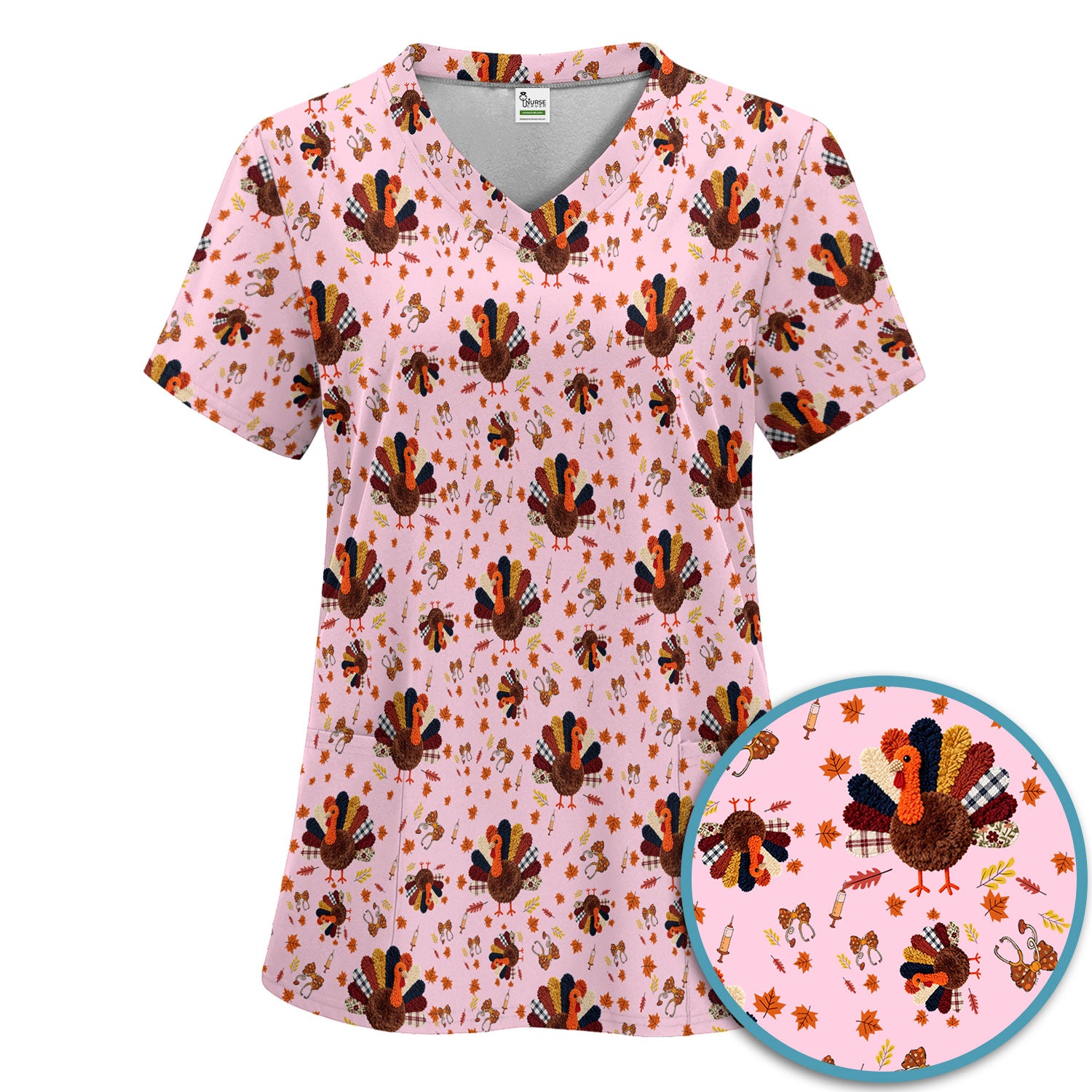 Funny Thanksgiving Nurse Scrub Sets - Fall Leaves and Pumpkin Scrub Pants and V Neck Top - Autumn Turkey Med Uniform