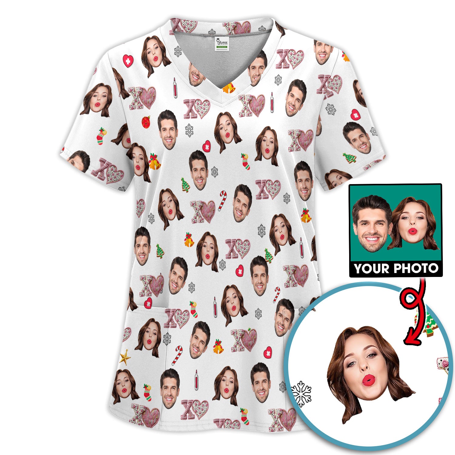 Custom Face Pattern XOXO Scrub Shirt, Personalized Photo Scrub Set, Breathable Fabrics Nursing Uniform