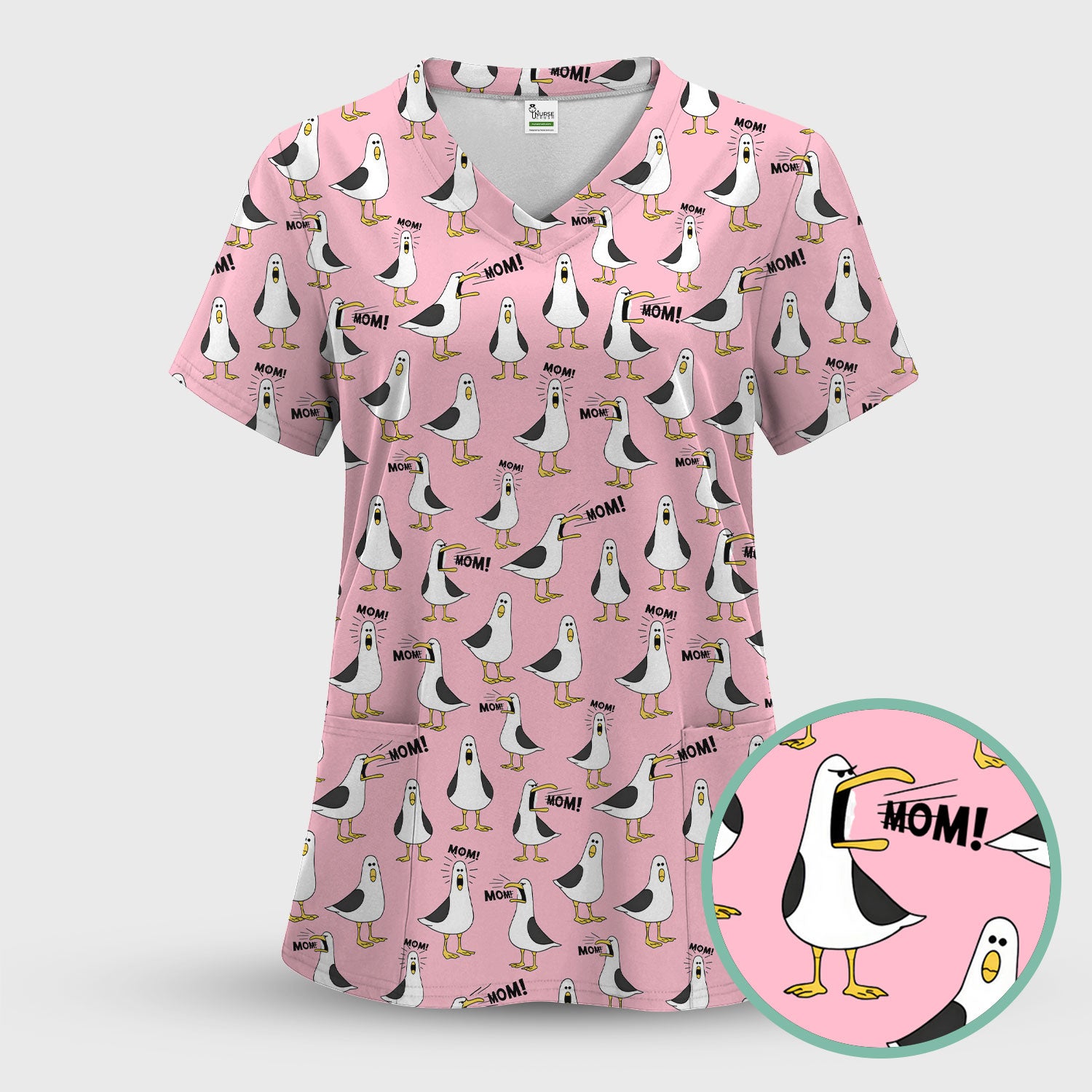 Funny Seagull Mom Seamless Pattern Scrub Set, Scrub Pants and V Neck Top