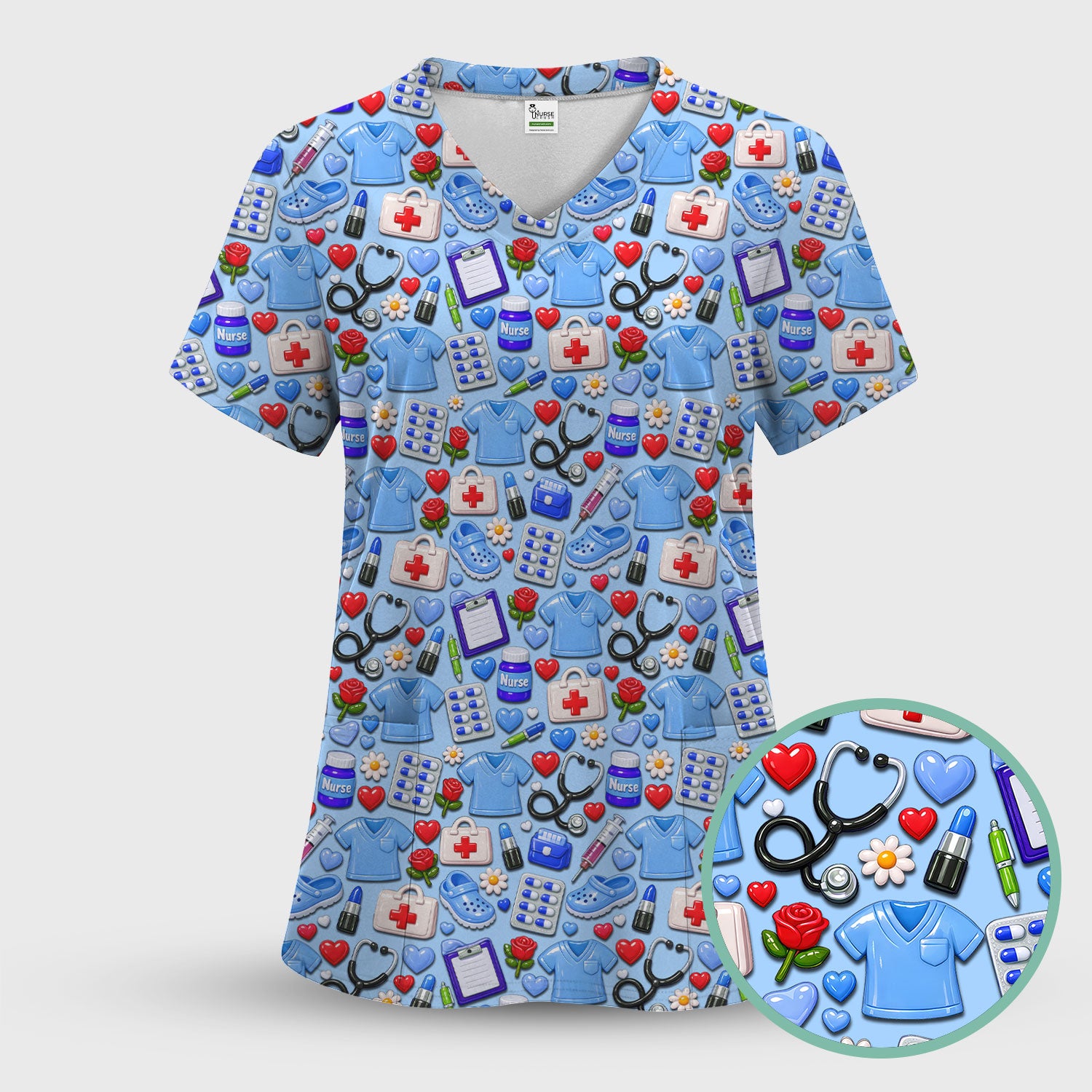 Medical Icons Scrub Set, Cute Pattern Nurse Shirt, Breathable Fabrics Nursing Uniform