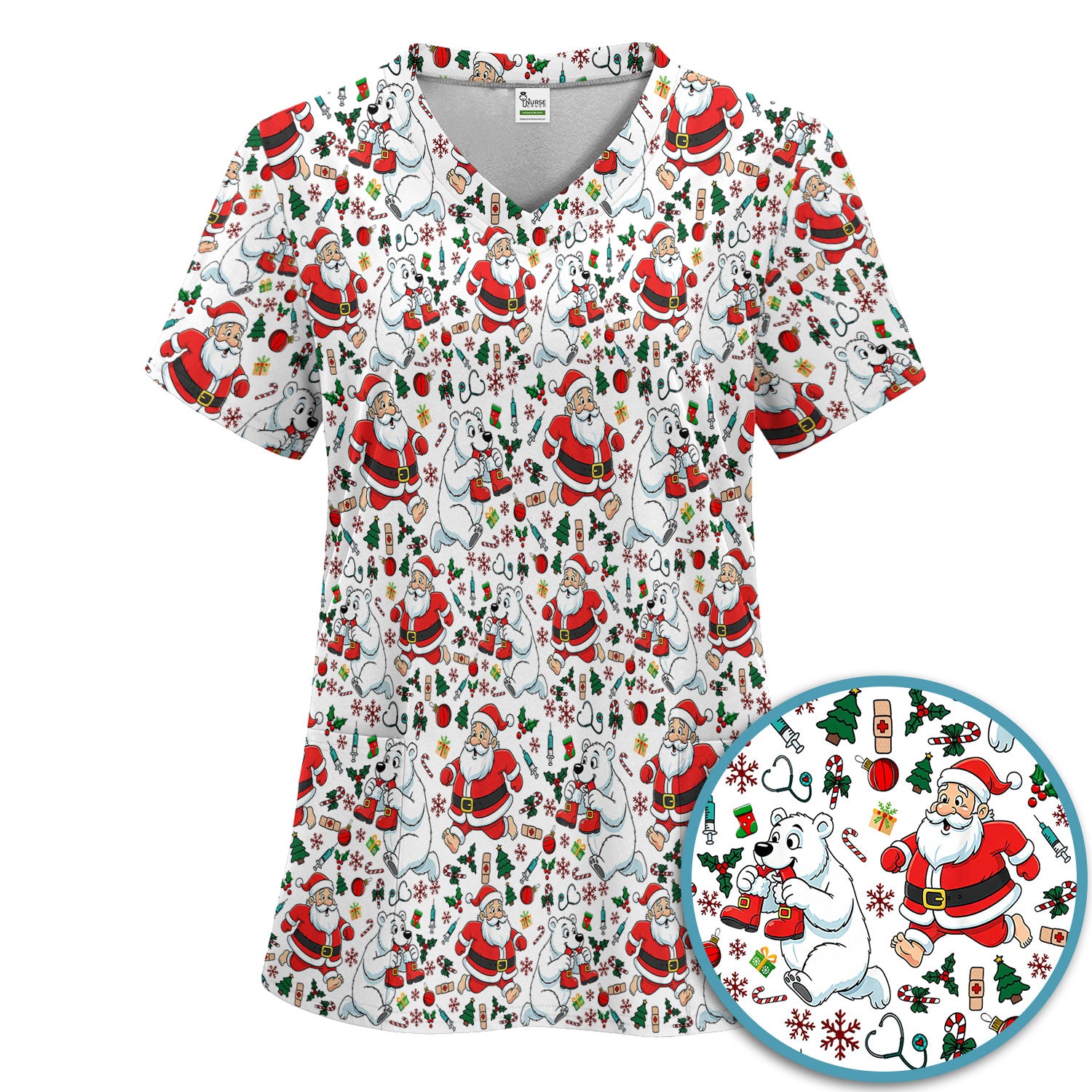Christmas Santa & Polar Bear Scrub Set - Funny Holiday Nursing Pants and V Neck Top - Cute Winter Medical Uniform