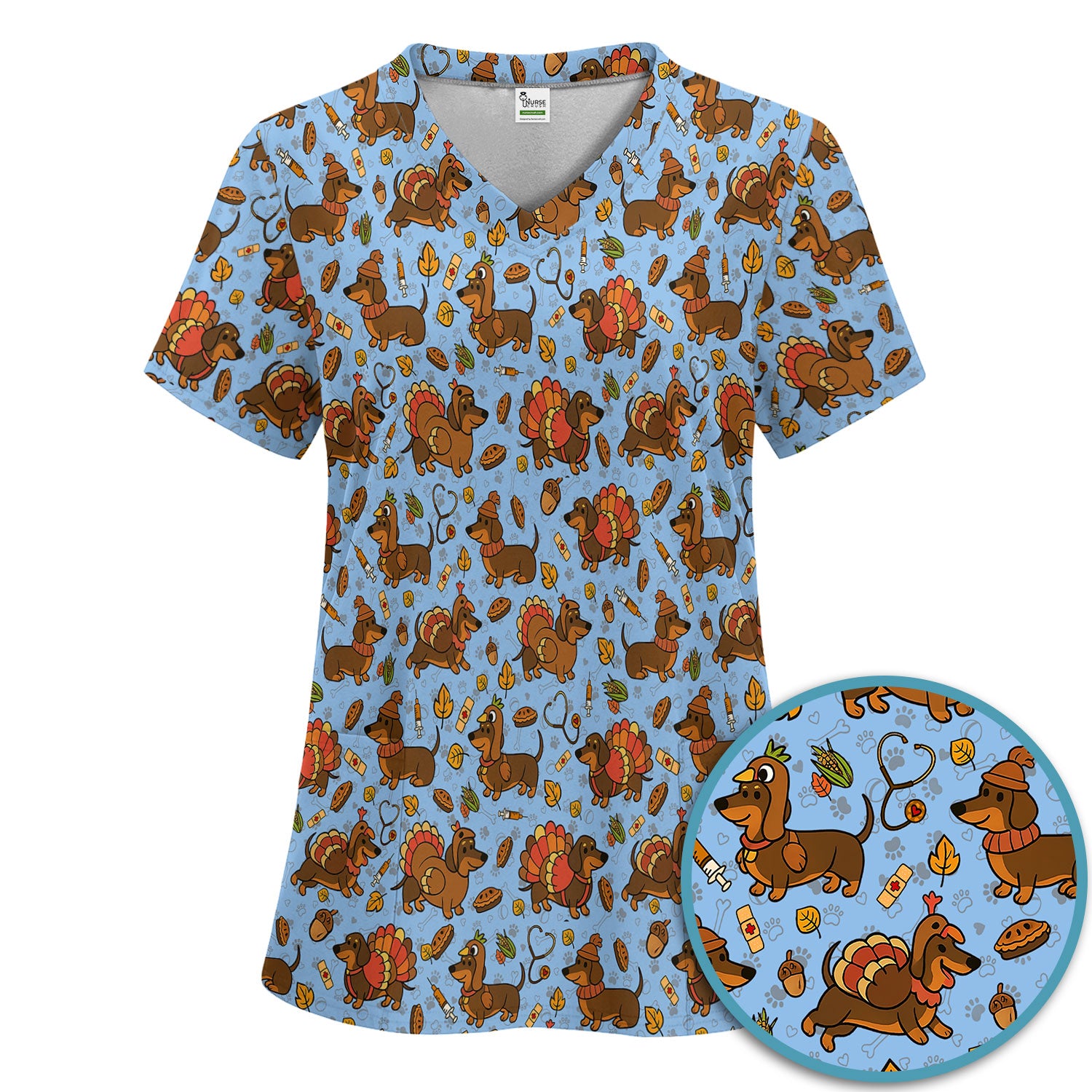 Thanksgiving Wiener Dog Scrub Set - Funny Dachshund Turkey Scrubs Pants and V Neck Top - Fall Winter Gift for Women