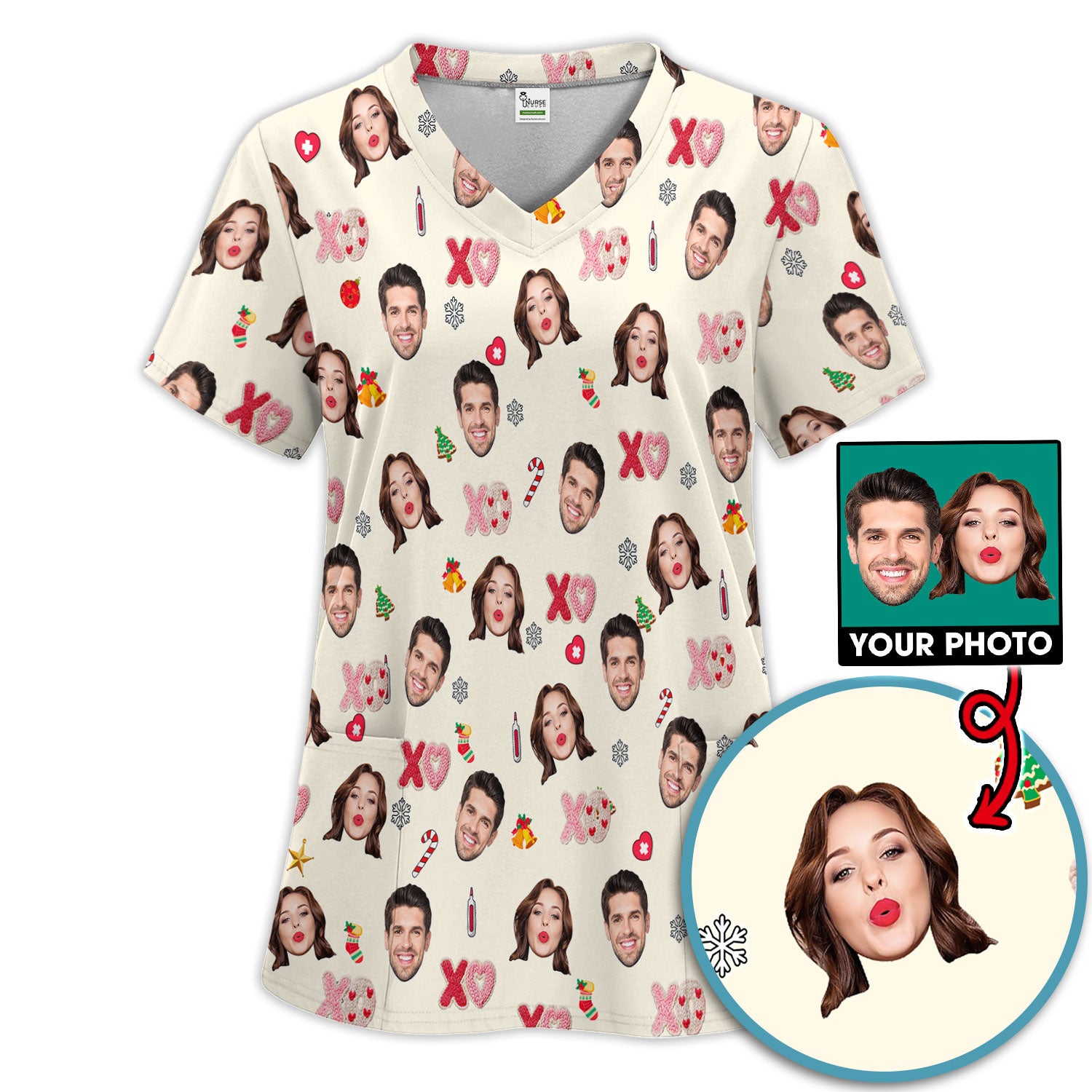 Personalized Photo Scrub Set, Custom Face XOXO Scrub Shirt, Breathable Fabrics Nursing Uniform