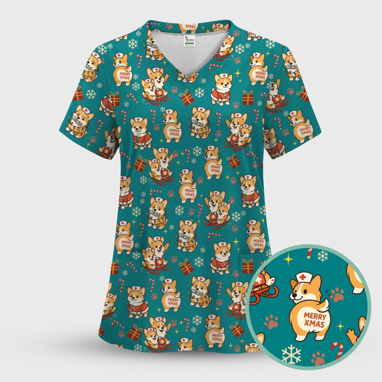 Christmas Corgi Scrubs for Nurses - Cute Corgi Pattern with Candy Canes, Snowflakes and Gifts - Funny Holiday Nurse Scrub Top Gift for Women RN CNA LPN