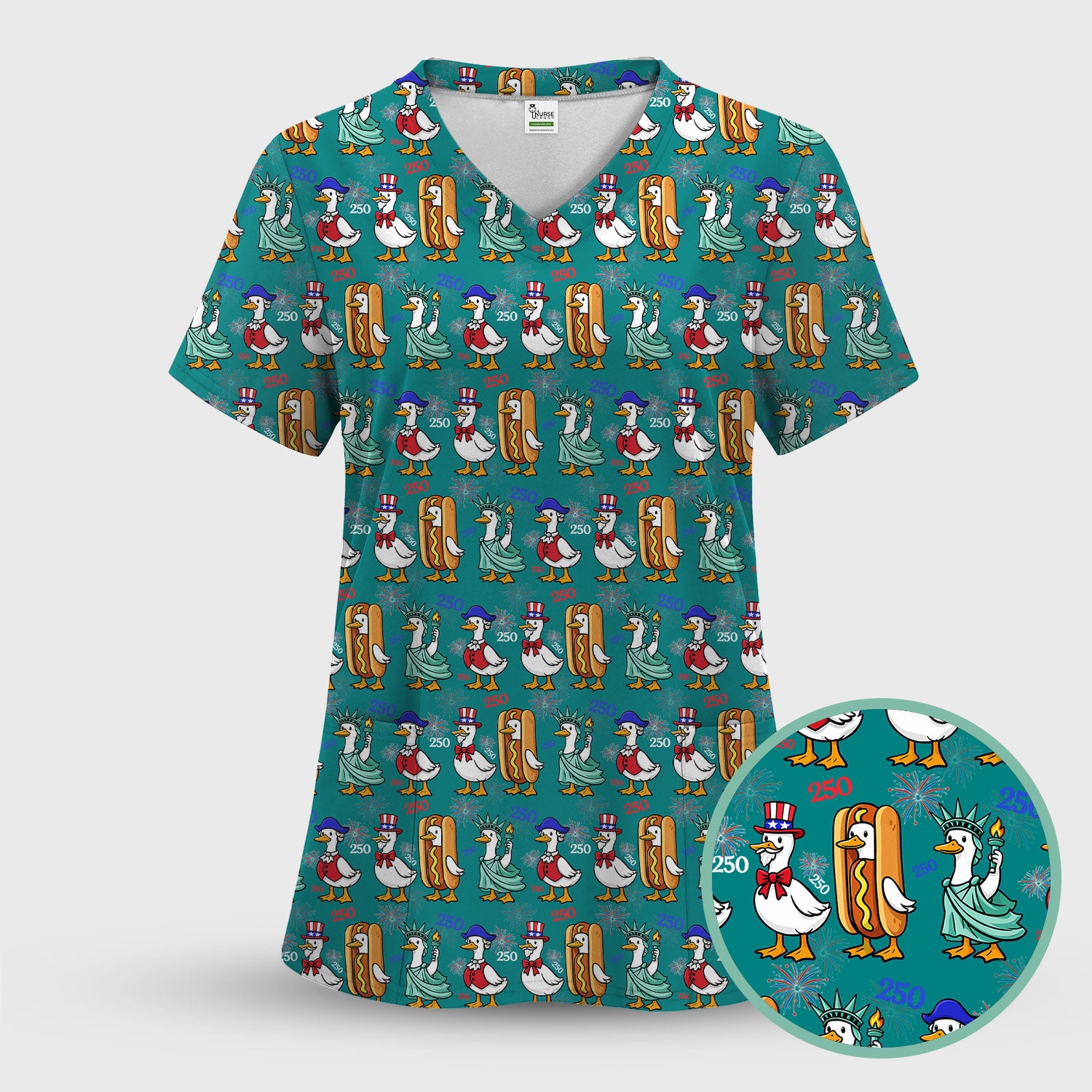 Patriotic Duck Independence Day Pattern Scrub Set, Scrub Pants and V Neck Top