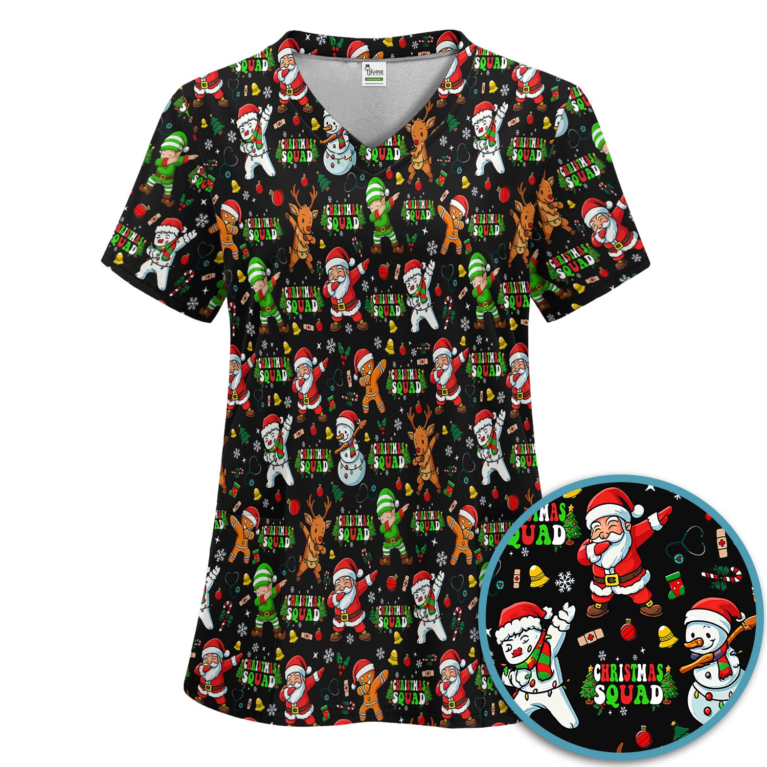 Christmas Squad Scrub Set - Funny Santa & Reindeer Pants and V Neck Top - Cute Holiday Medical Uniform for Nurses, Doctors & Vet Techs