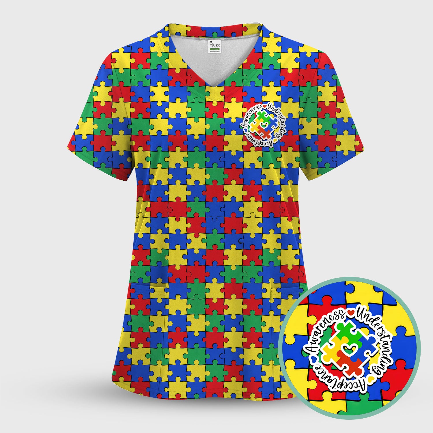 Autism Awareness Puzzle Pattern Scrub Top, Breathable Fabrics Nursing Uniform
