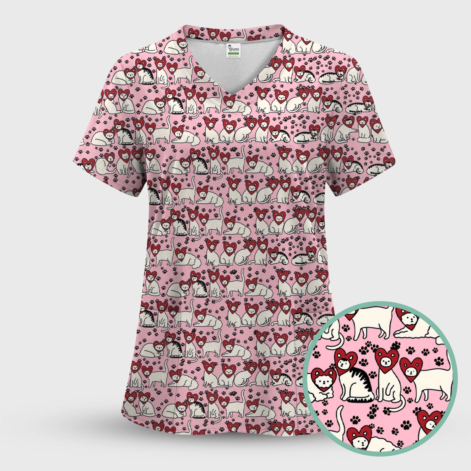 Cute Cat Heart Pattern Scrub Top, Funny Cat Scrub Shirt For Nurses, Breathable Fabrics Nursing Uniform