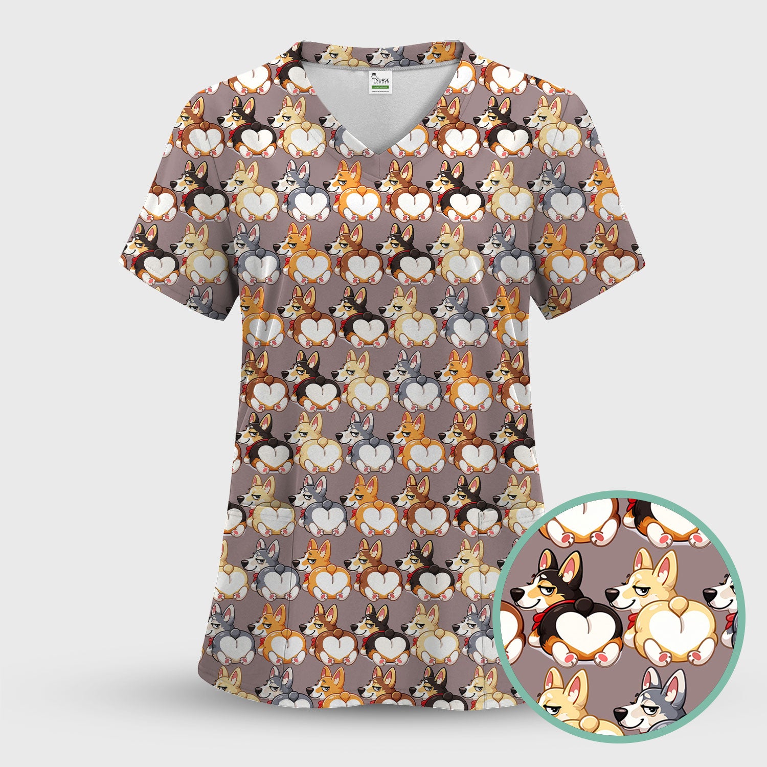 Funny Corgi Cartoon Pattern Scrub Top, Comfortable Scrubs for Nurses