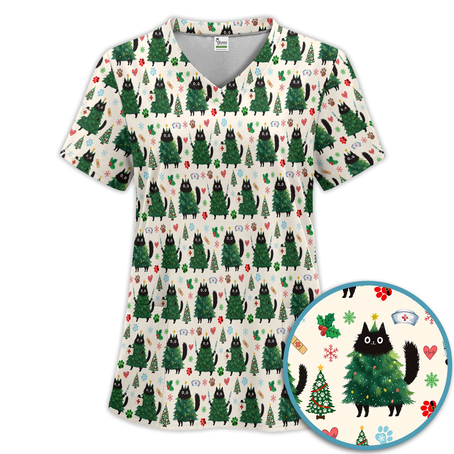 Christmas Nurse Scrub Set, Xmas Black Cat Pattern Nurse Shirt,  Breathable Fabrics Nursing Uniform
