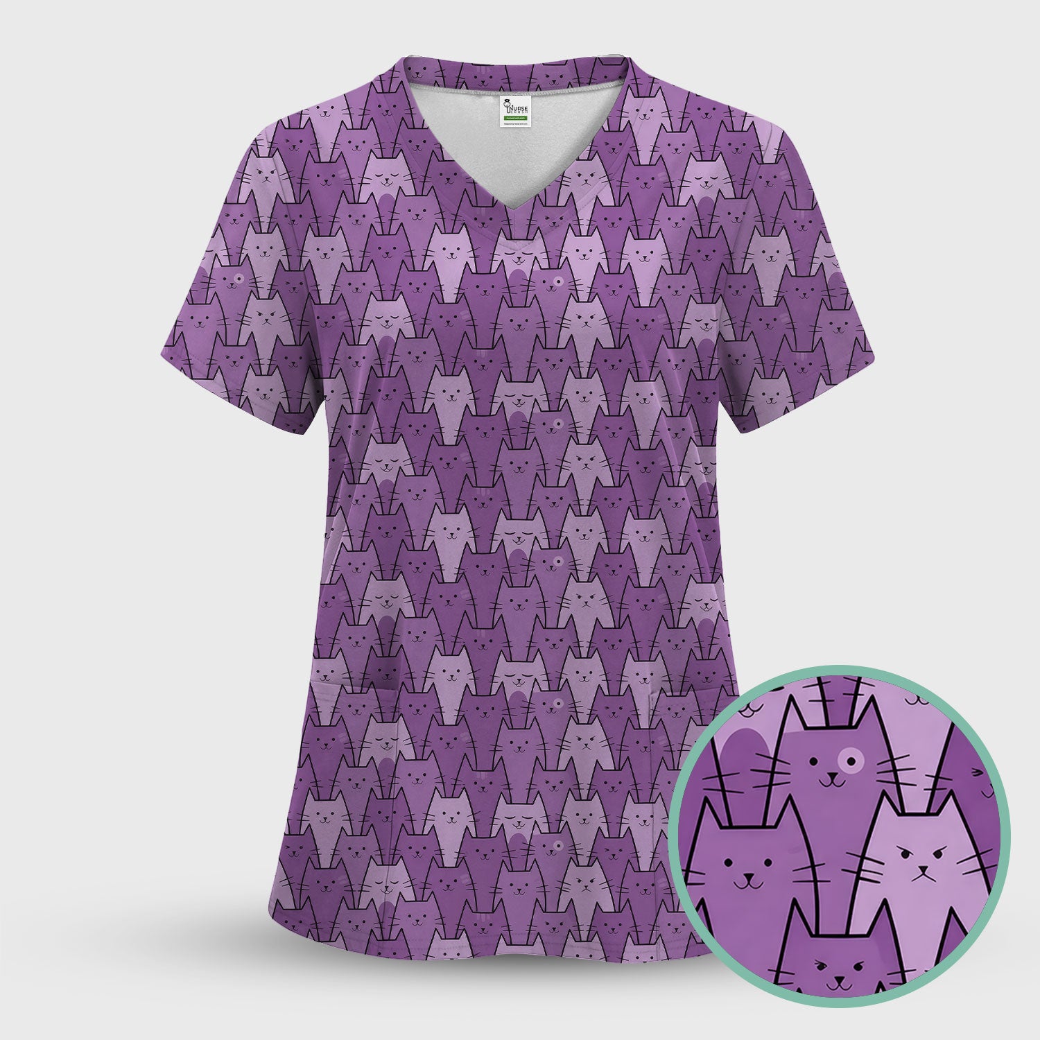 Cute Purple Cats Pattern Scrubs Top, Comfortable Scrubs for Nurses