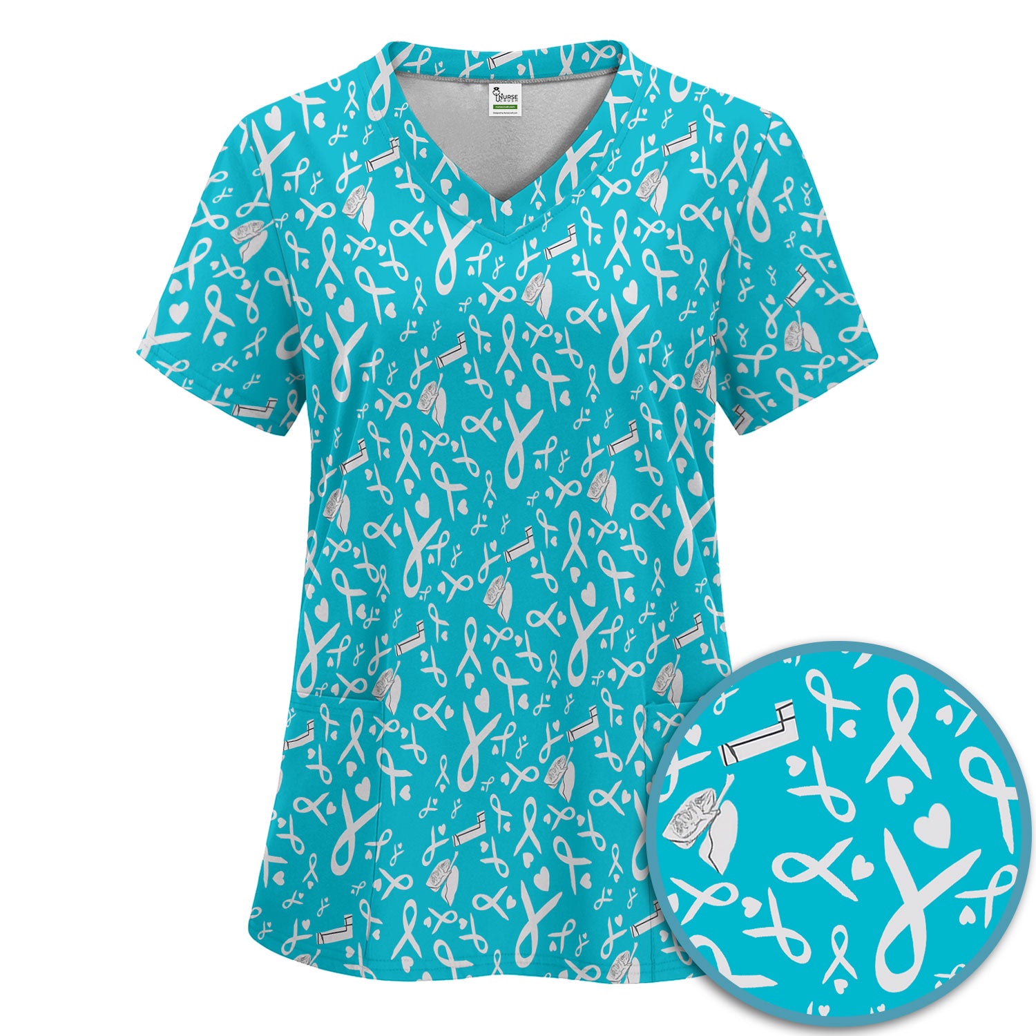 Lung Cancer Awareness Scrub Set for Women - Gray Ribbon Inhaler and Lungs Scrubs Pants and V Neck Top - COPD Asthma Med Uniform