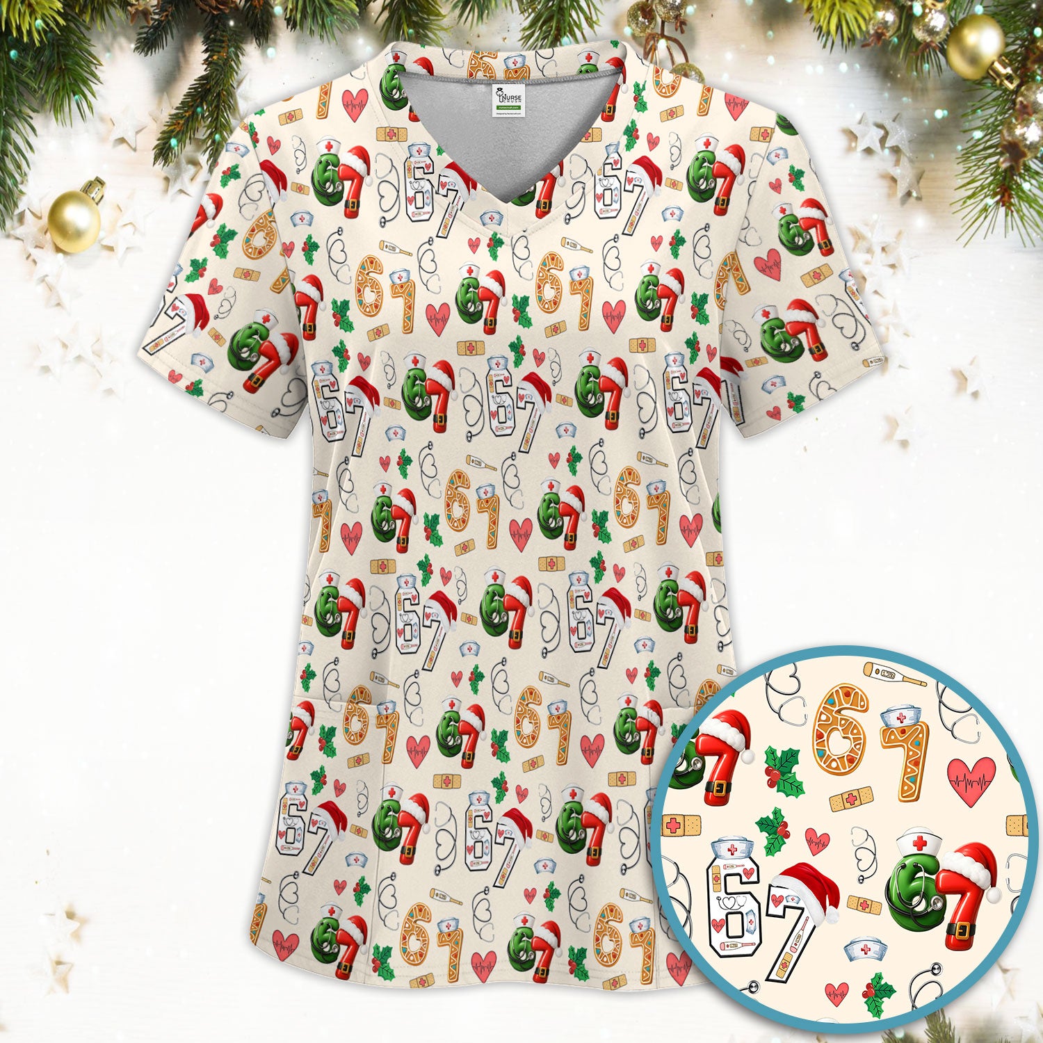 Christmas Nurse 67 Pattern Scrub Set, Cute Holiday Medical Uniform With Santa Hat, Uniform For Nursing