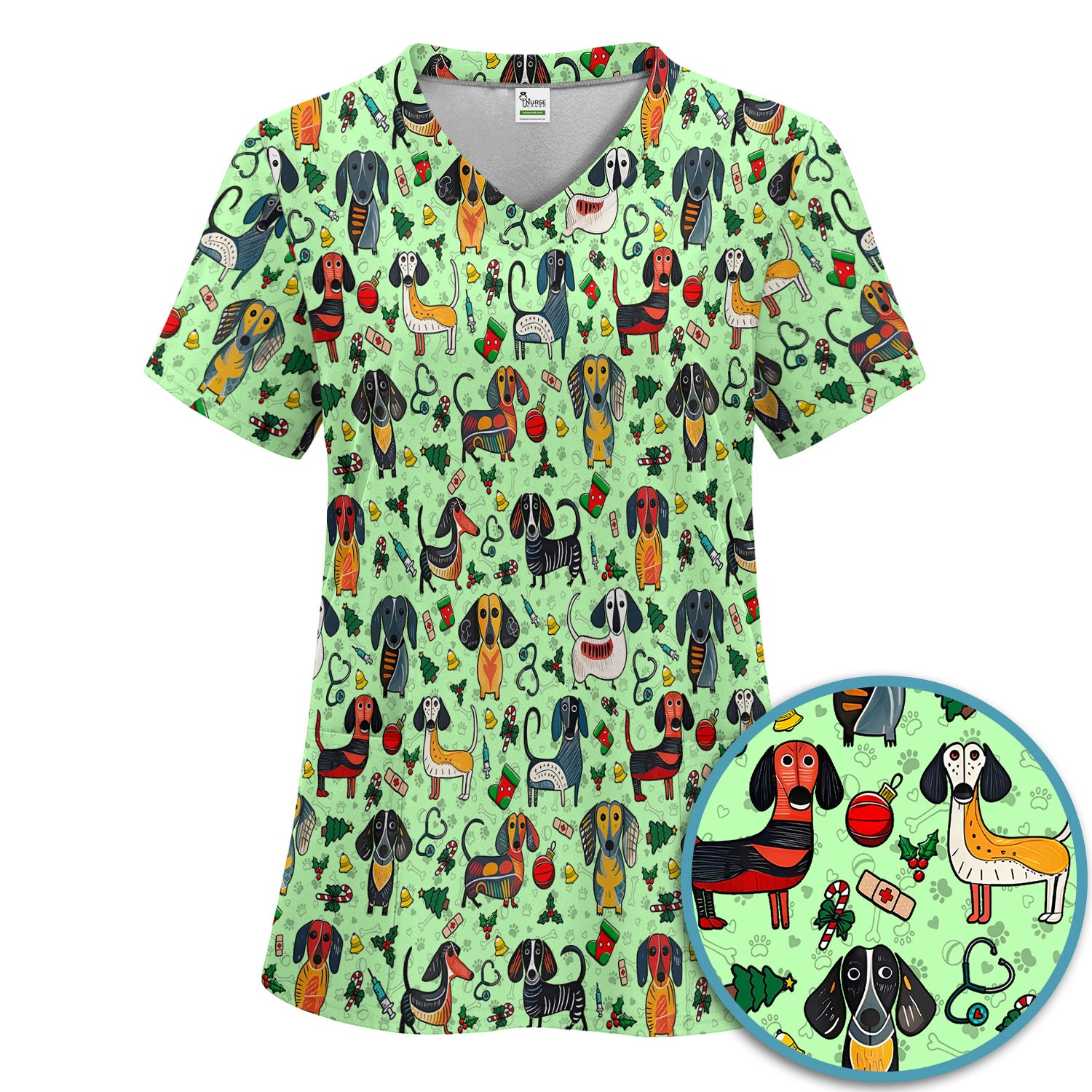 Dachshund Christmas Scrub Set - Cute Wiener Dog Pants and V Neck Top - Holiday Medical Uniform